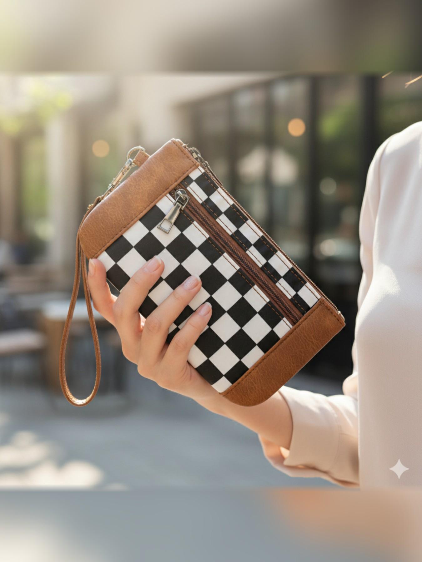 Women's Handbag Checkerboard Pattern, Large Capacity Evening Dinner Bag, Multi-Layer Zipper Wallet, Casual All-Season Accessory, Fashionable Versatile Purse