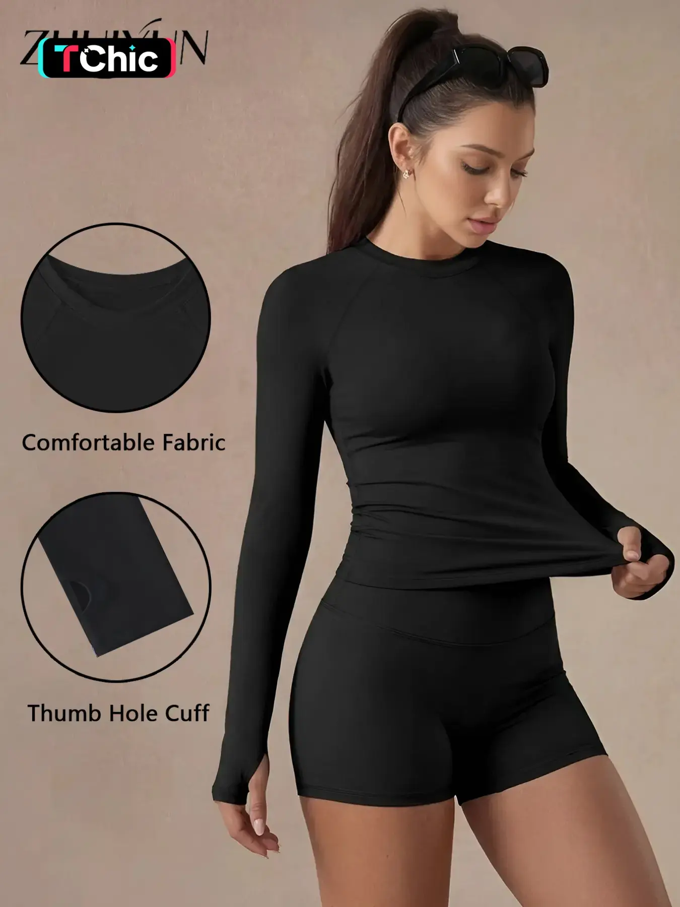 Women's Fall Winter Casual Sports Top, Round Neck Long Sleeve Tight Fit Plain Color, Ideal for Daily Commute, Running, Yoga