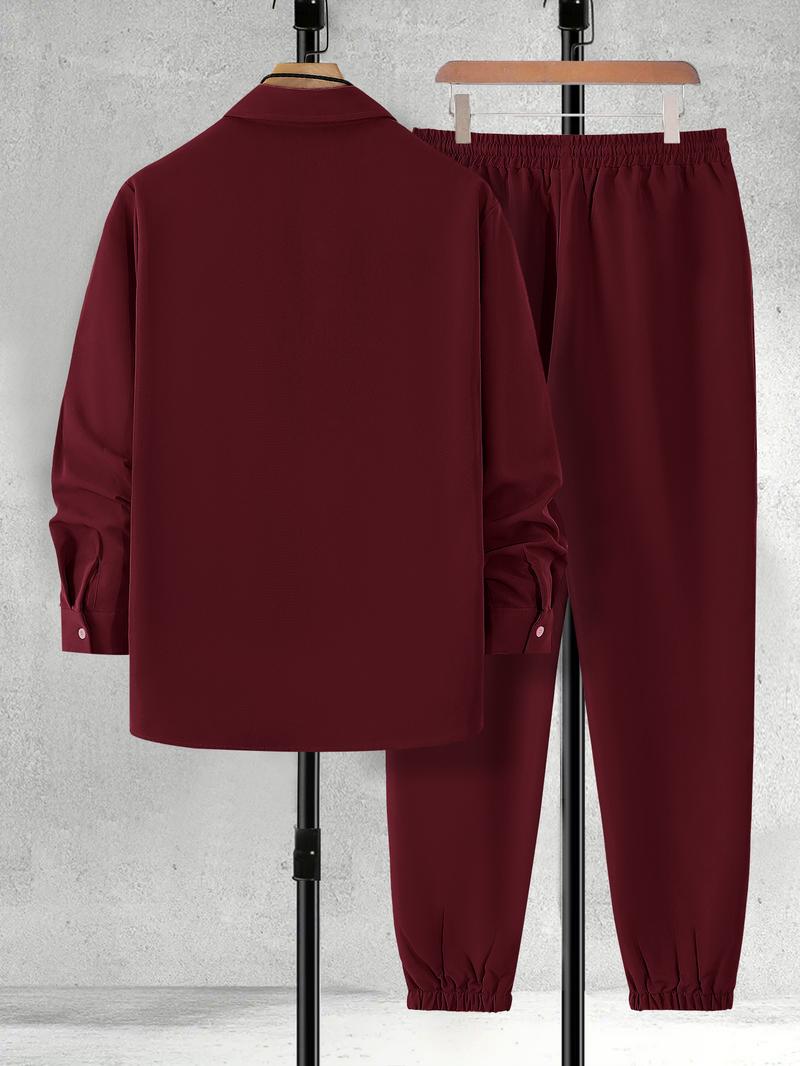 【Plus Size】 Men's Plaid Print Button Front Shirt & Drawstring Waist Pants Set, Regular Fit Casual Checked Long Sleeve Collared Top & Pocket Trousers, Men's Spring & Fall Clothes, Men's 2 Piece Set, Longsleeves Menswear