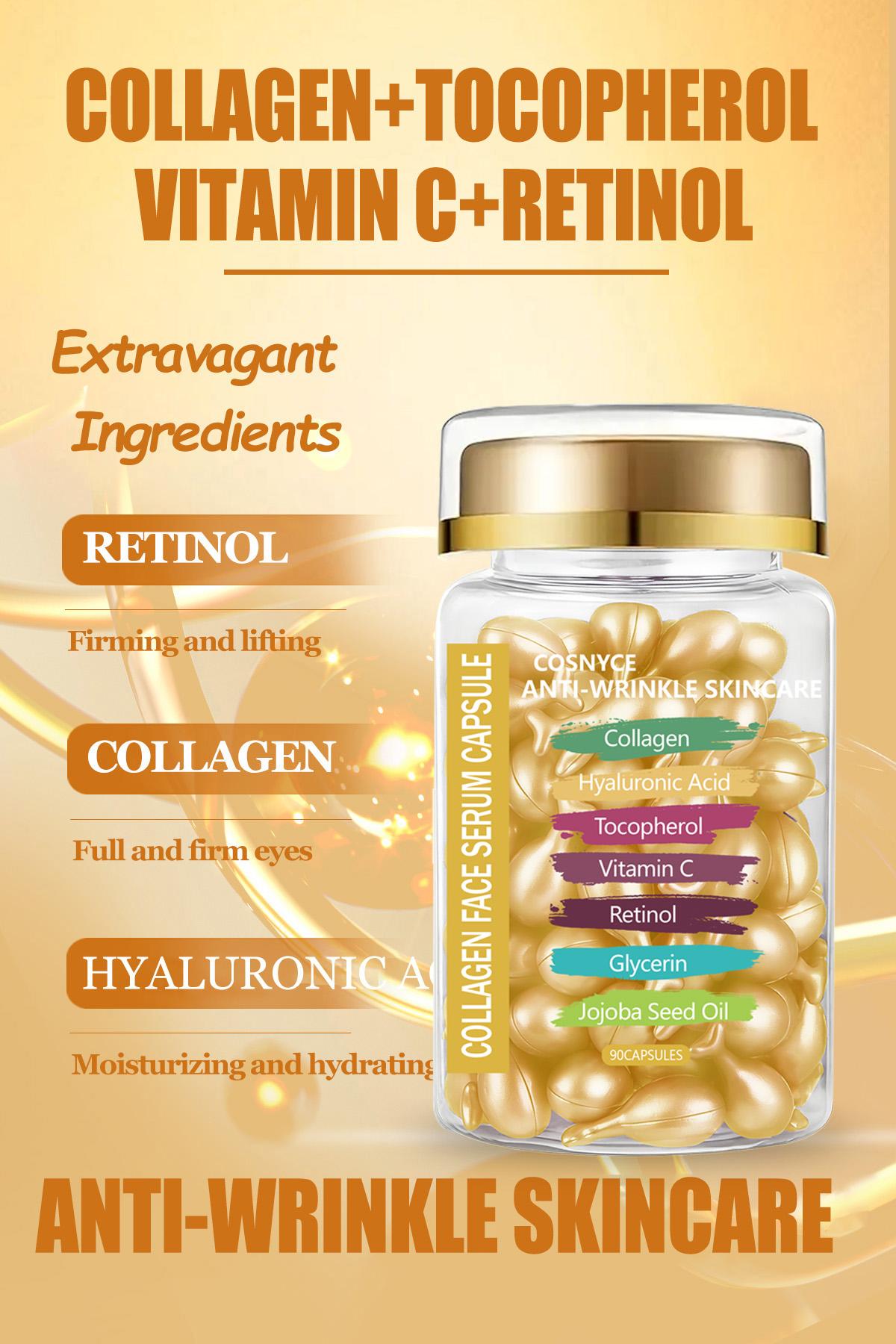 Cosnyce Collagen Face Serum Capsules, Hyaluronic Acid Vitamin C E, Firming Moisturizing Skincare, Youthful Radiant Skin Care