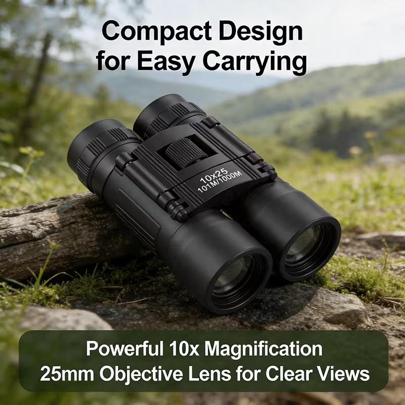 Compact 10x25 Binoculars with Lanyard and Storage Bag, Foldable Outdoor Enthusiast Choice, Multi-Coated Lens, 15mm Eyepiece Diameter