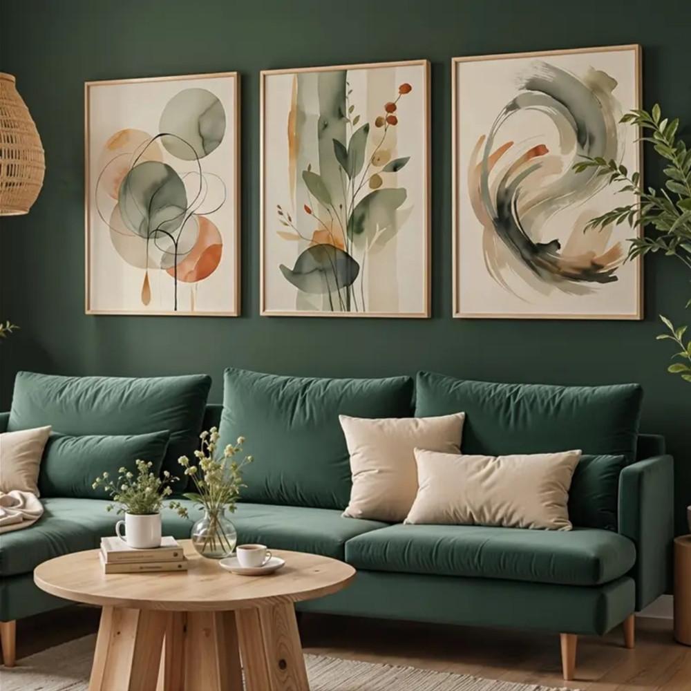3-Piece Optional Wooden Frame Beige Sage Green Abstract Watercolor Plant Geometric Art Poster High Grammage Moisture-proof Tear-resistant Canvas Color Print High Color Accuracy Non-deformation Modern Minimalist Living Room Bedroom Wall Decor