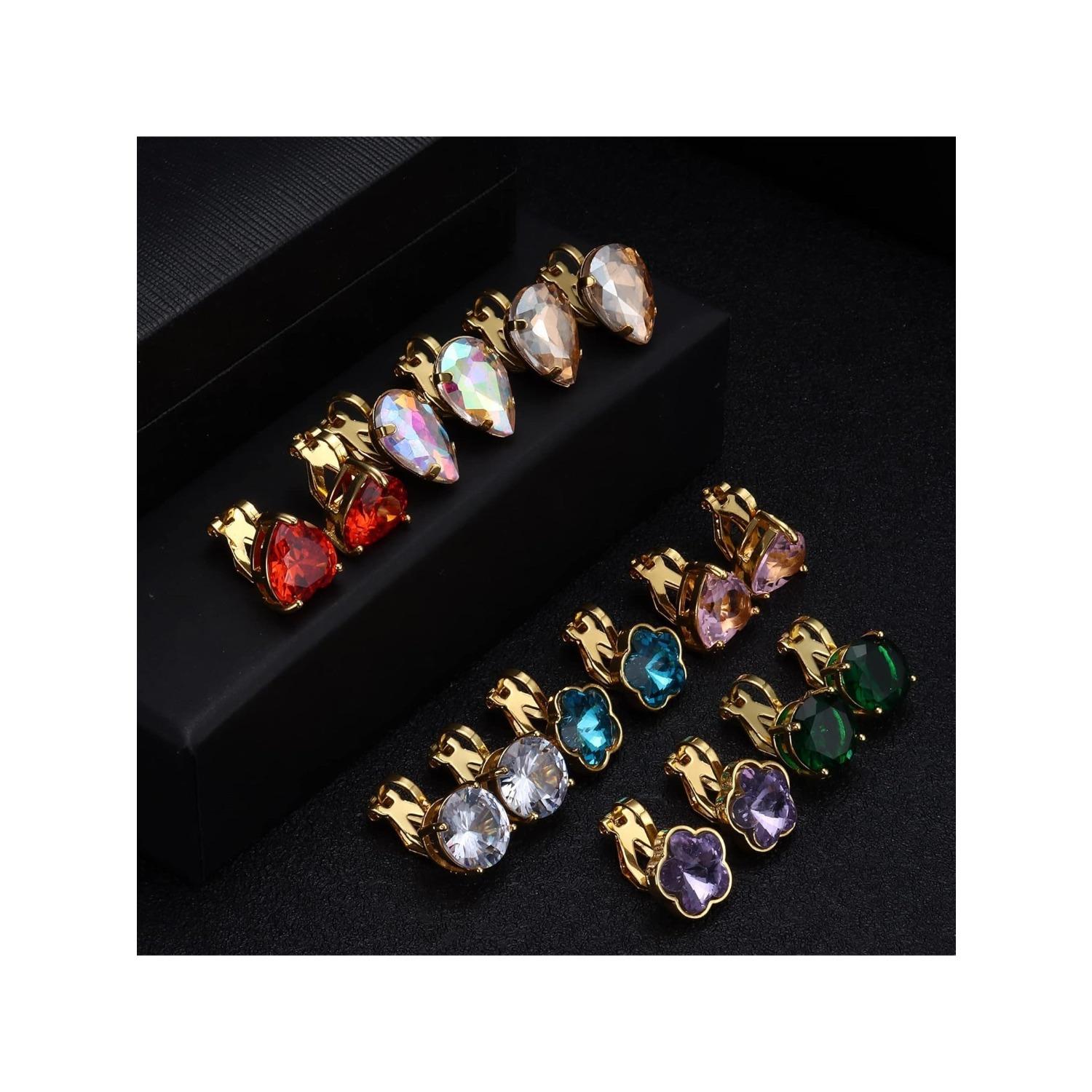 8 Pairs Clip On Earrings Set for Women - Non-Pierced CZ Heart, Butterfly, Flower Earrings - Hypoallergenic, Vibrant Color Birthstone Clip Ons