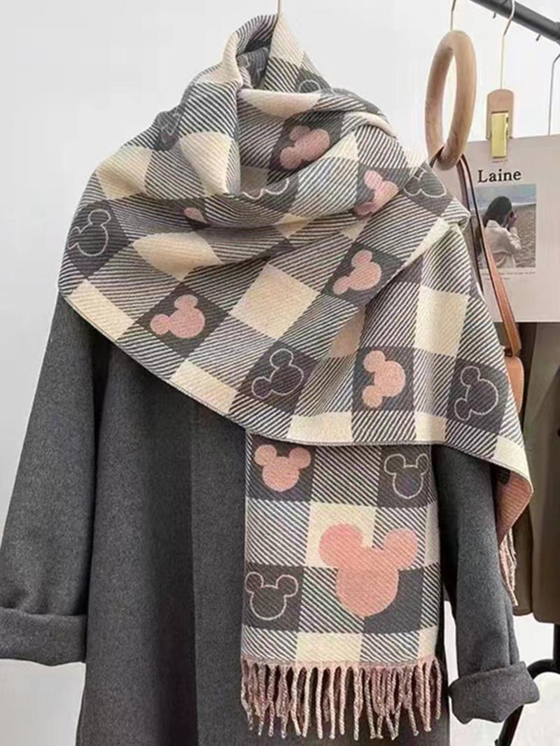 Elegant Plaid Bear Pattern Fringe Casual Scarf, Soft Warm Thick Shawl, Unisex Fashion Accessory, Perfect for Fall & Winter