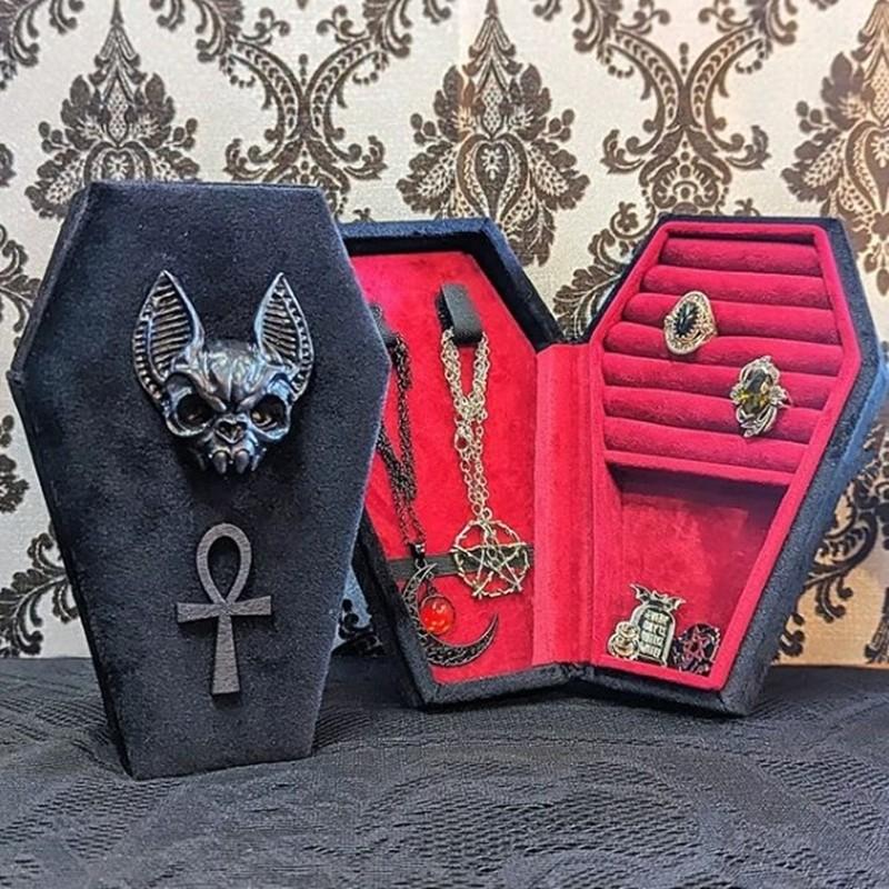 Gothic Vampire Bat Jewelry Coffin Box, Velvet-Lined Rectangular Storage Case, Earring Holders, Vintage Gothic Decor, Travel-Friendly Organizer
