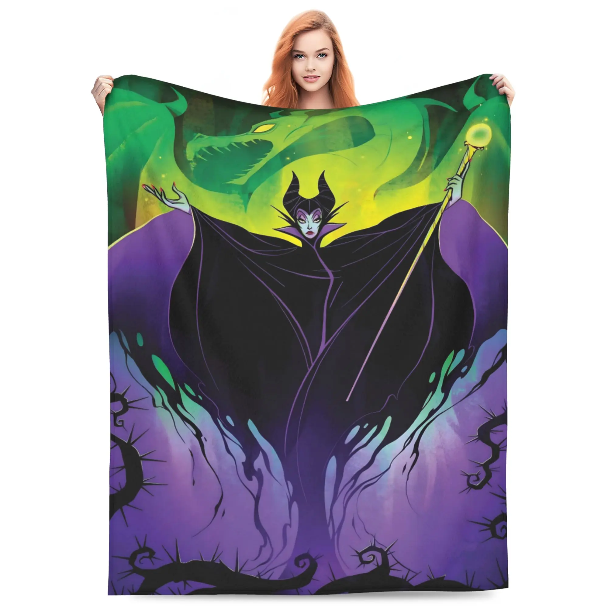 Disney Classic Maleficent Flannel Throw Blanket, Sleeping Beauty Villain Maleficent With Staff and Green Dragon Background Thorny Purple Thorns Mystical Dark Fantasy Print Soft Cozy Blanket for Sofa Bed Movie Fans Gift