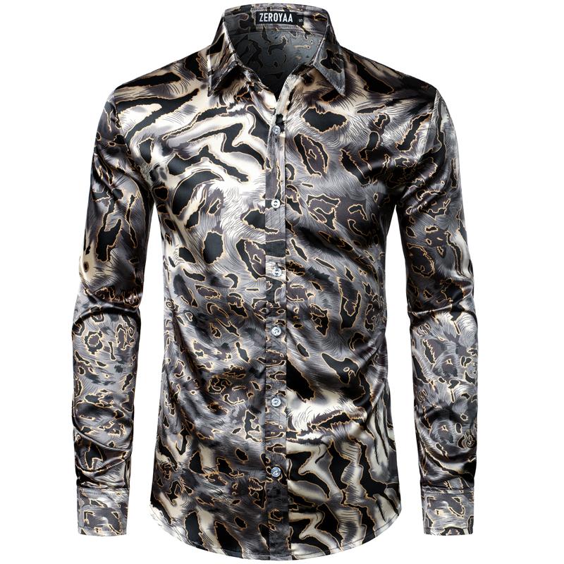 ZEROYAA Men's Hipster Fitted Silk Like Satin Dress Shirt Long Sleeve Button Down Printed Shirt for Party Prom fourth july shirt summer outfits men funny shirts