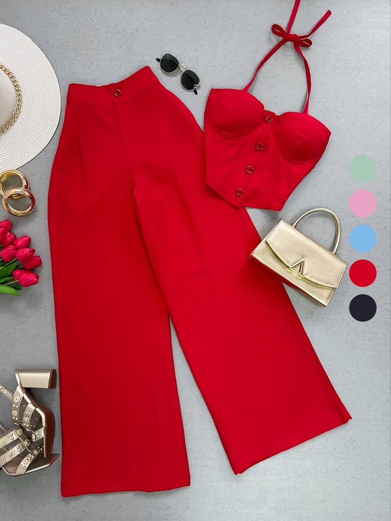 Spring Summer New Women's Fashion Solid Color Two-Piece Set Vest Long Pants, Casual Stylish, Perfect for Daily Wear