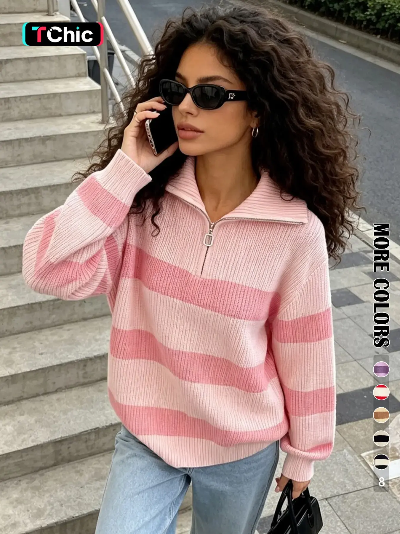 Women's Striped Print Zip Up Sweater, Casual Long Sleeve Jumper for Fall & Winter, Fashion Ladies' Knitwear for Daily Wear