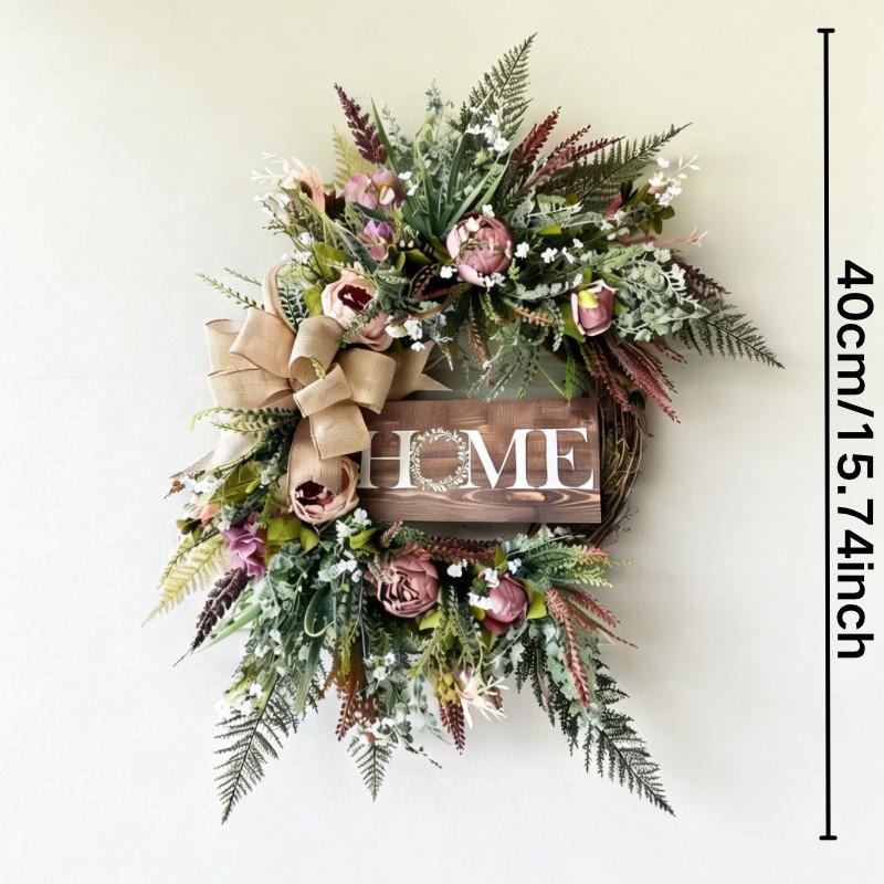 Neutral Color Farmhouse Style Wreath with Peony Flowers, Home Signboard, Hemp Cloth Bow, All-Season Decor for Porch, Living Room, Entryway