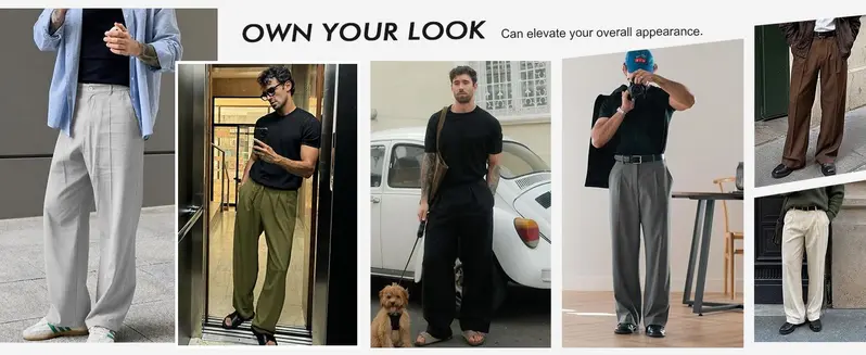 Runcati Mens Baggy Dress Pants Casual Pleated Wide Leg Lightweight Trousers | Loose Fit Old Money Pants, Work Business Relaxed Fit Slacks, Two Side Pockets, 30"/32" Suit Pants, Stretchable Elastic Waist