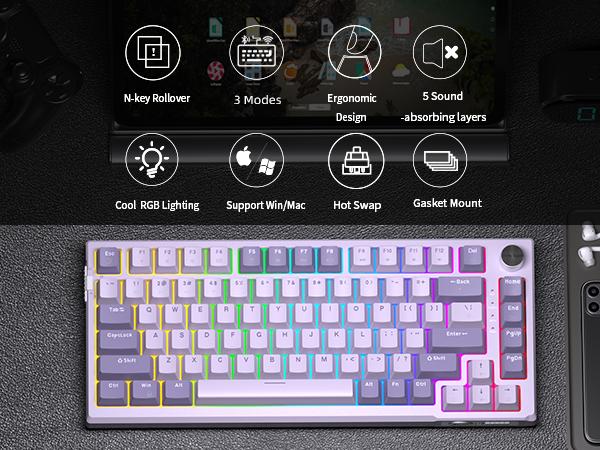 MageGee SKY81 75% Mechanical Gaming Keyboard, Gasket Hot Swappable Wired Custom Creamy Keyboard with 5-Layer Sound Dampening, Knob Control, RGB Backlit, NKRO for Win/Mac
