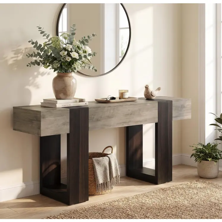 Hosslly 63 in 2-Tone Entryway Console Table, Woodgrain Top, Walnut Base, Large Shelf, 200 lbs Weight Capacity, U-Shaped Reinforced Frame for Hallway Use, Entryway Table
