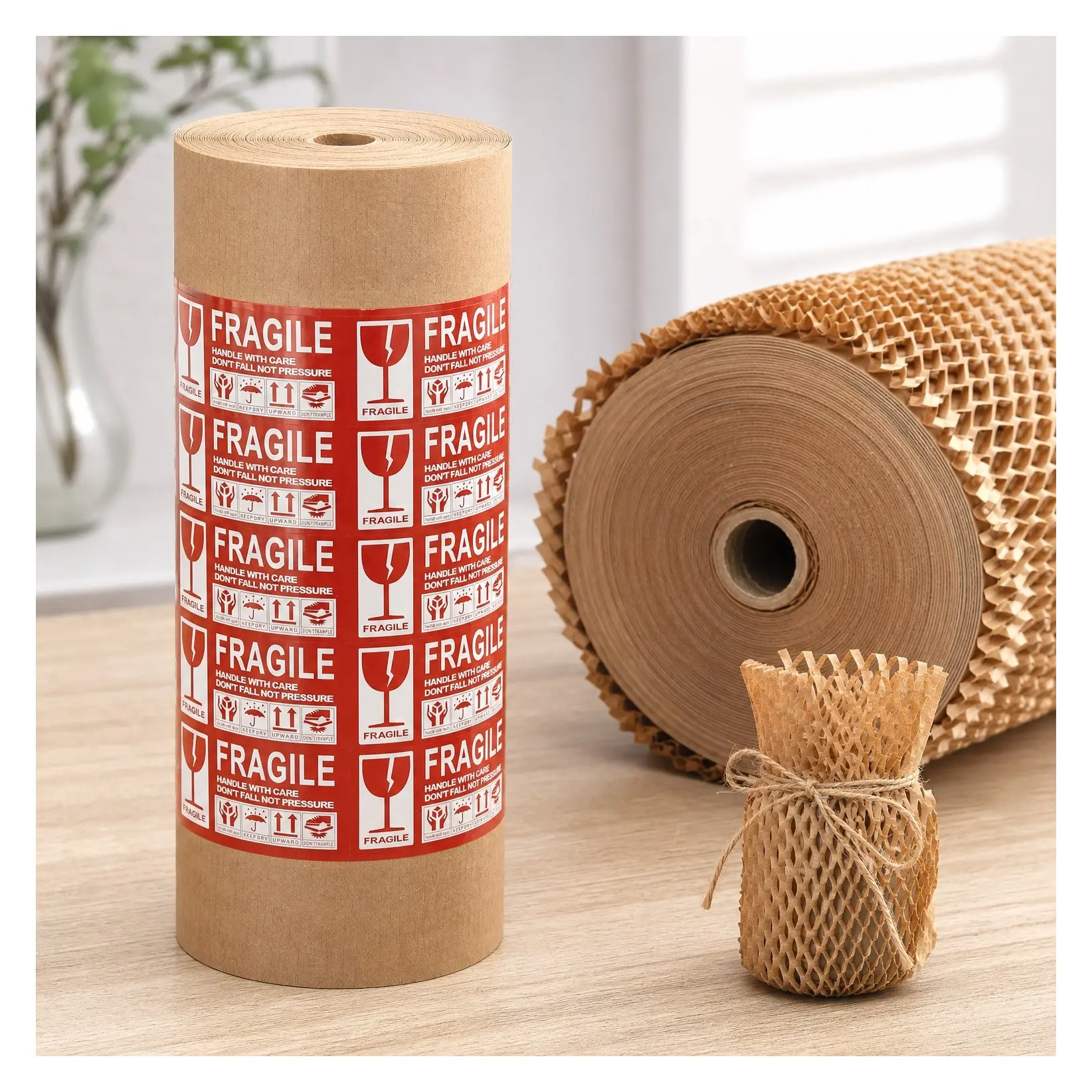 Honeycomb Packing Paper, 15" x 400' Packing Wrap Roll for Shipping | Recyclable Moving & Gift Wrapping Paper with Cushion Protection and 20 Fragile Sticker LabelsGift