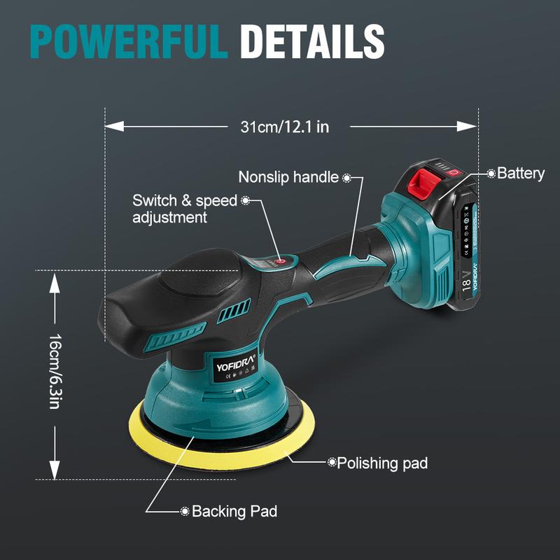 YOFIDRA 21V Cordless Car Polisher, 8-Speed Display Buffer Power Tool with 150mm Pad, 2.0Ah Battery, 5500RPM, for DIY Auto Detailing Black