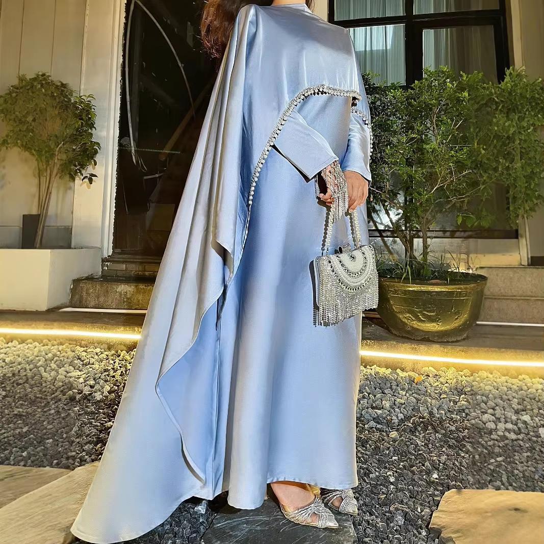 Luxury Satin Cape Abaya Dress for Women, Modest Evening Gown for Eid, Wedding and Party
