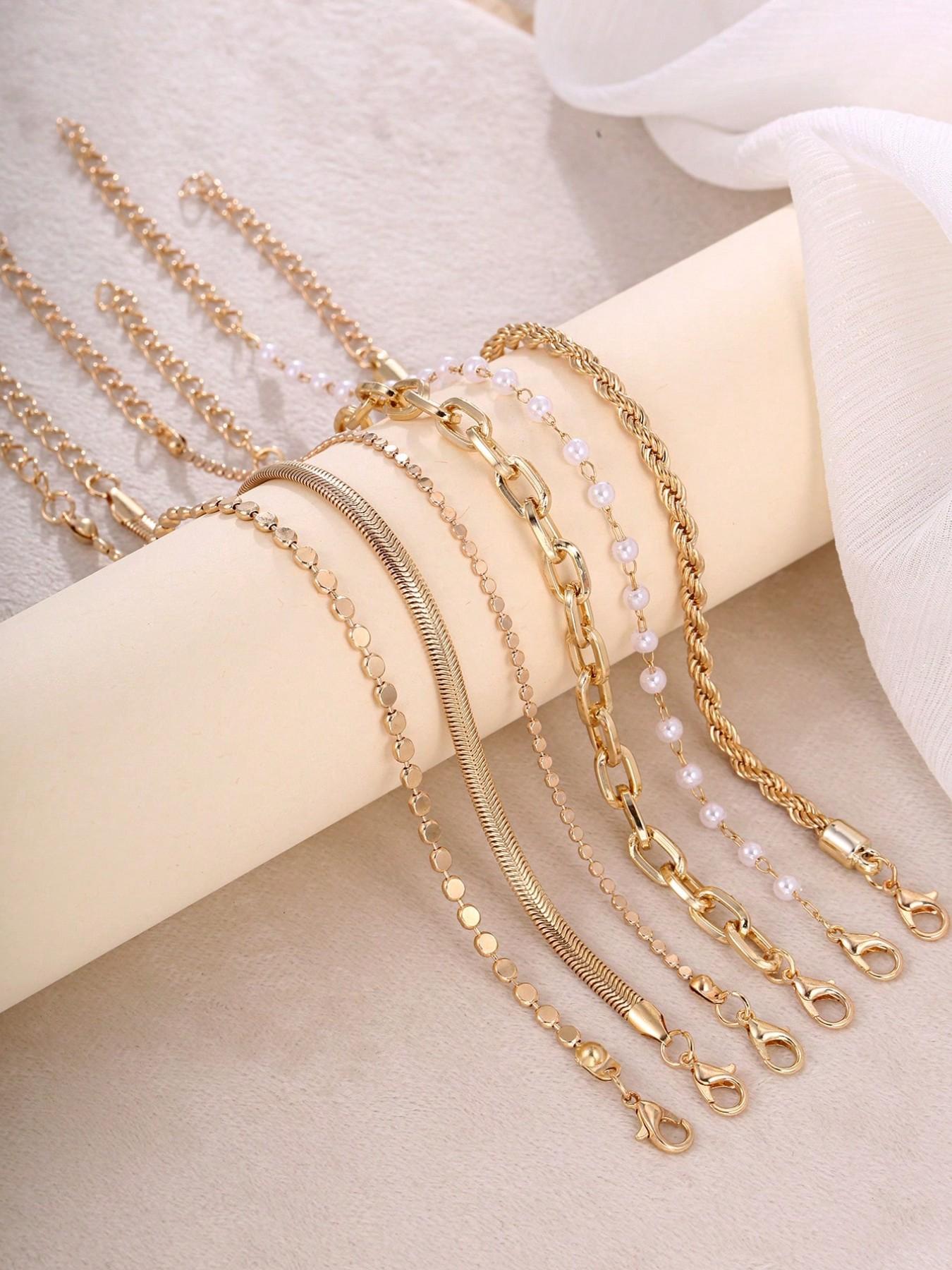 6pcs Metal Chain Bracelet Set, Faux Pearl, Snake Chain, Twisted Chain, Flat Round Disc Design, Chunky Fashion Jewelry, Elegant Retro Style, Bangle Bracelet Set