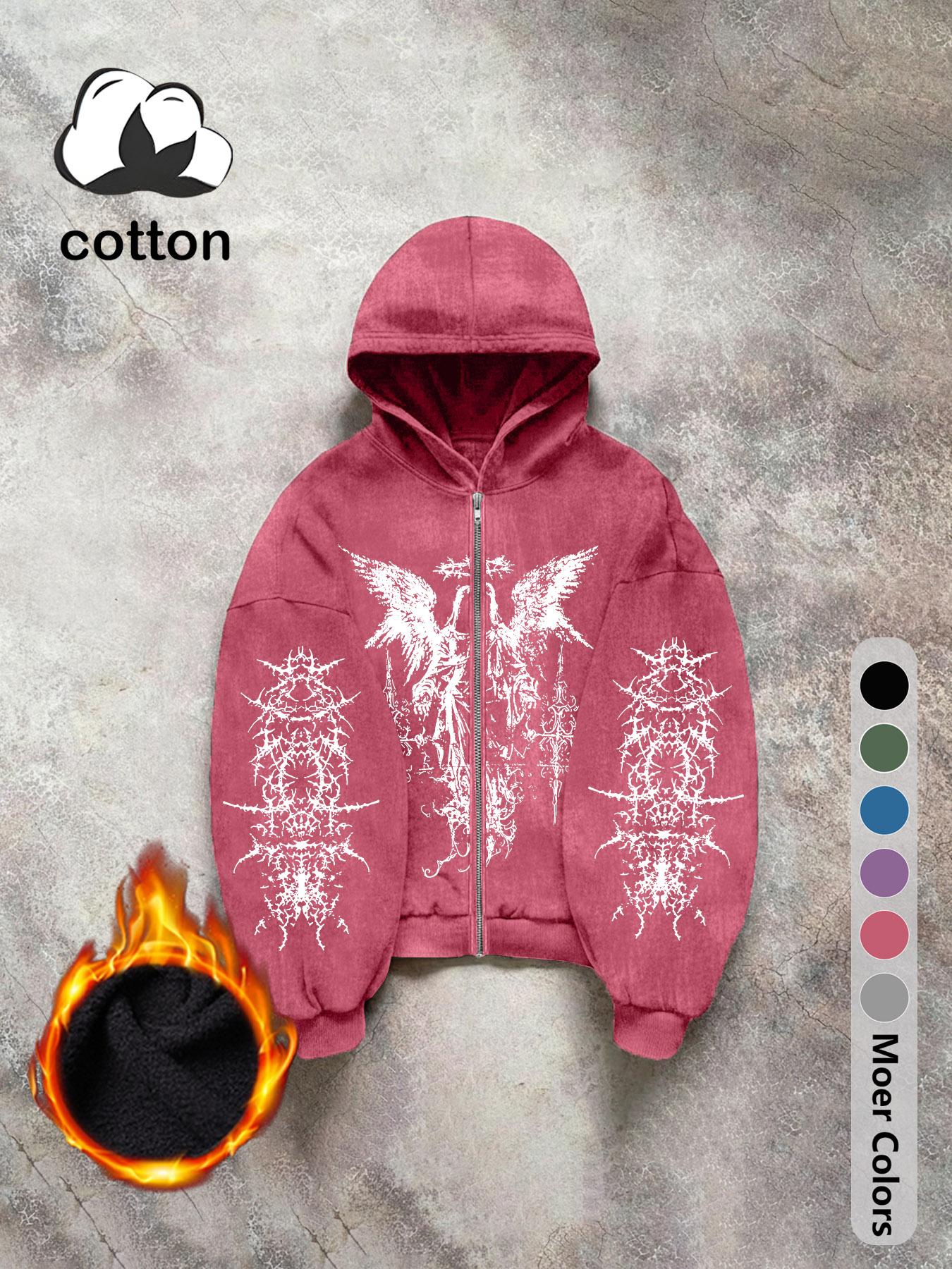 Men's long-sleeved Gothic street Graphic print hooded sweatshirt, washed hooded zipper sweatshirt, casual daily wear, men's long-sleeved fleece autumn and winter jacket