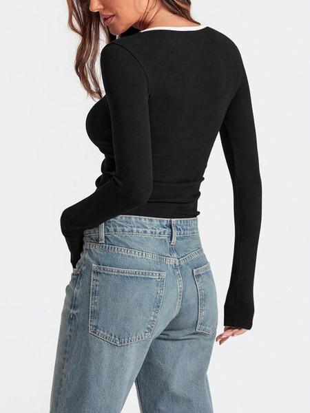 Women's Casual Round Neck Long Sleeve T-Shirt, Spring Summer Fashion Top, Comfortable Daily Wear, Ladies' Clothing for Everyday Use