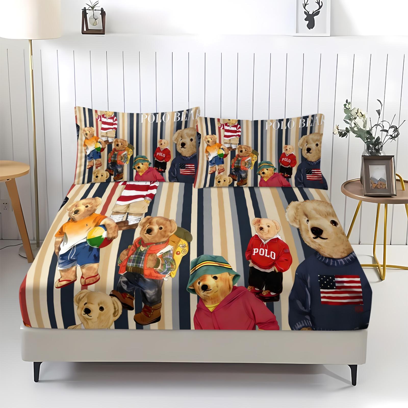 Teddy Bear Pattern Bed Sheet, Comfortable Printed Pattern, Includes 1 Bed Sheet and 2 Pillowcases, Comfortable Bedding, Non slip Dust Cover Suitable for Bedroom and Guest Room, Suitable as a Gift for Children or Adults