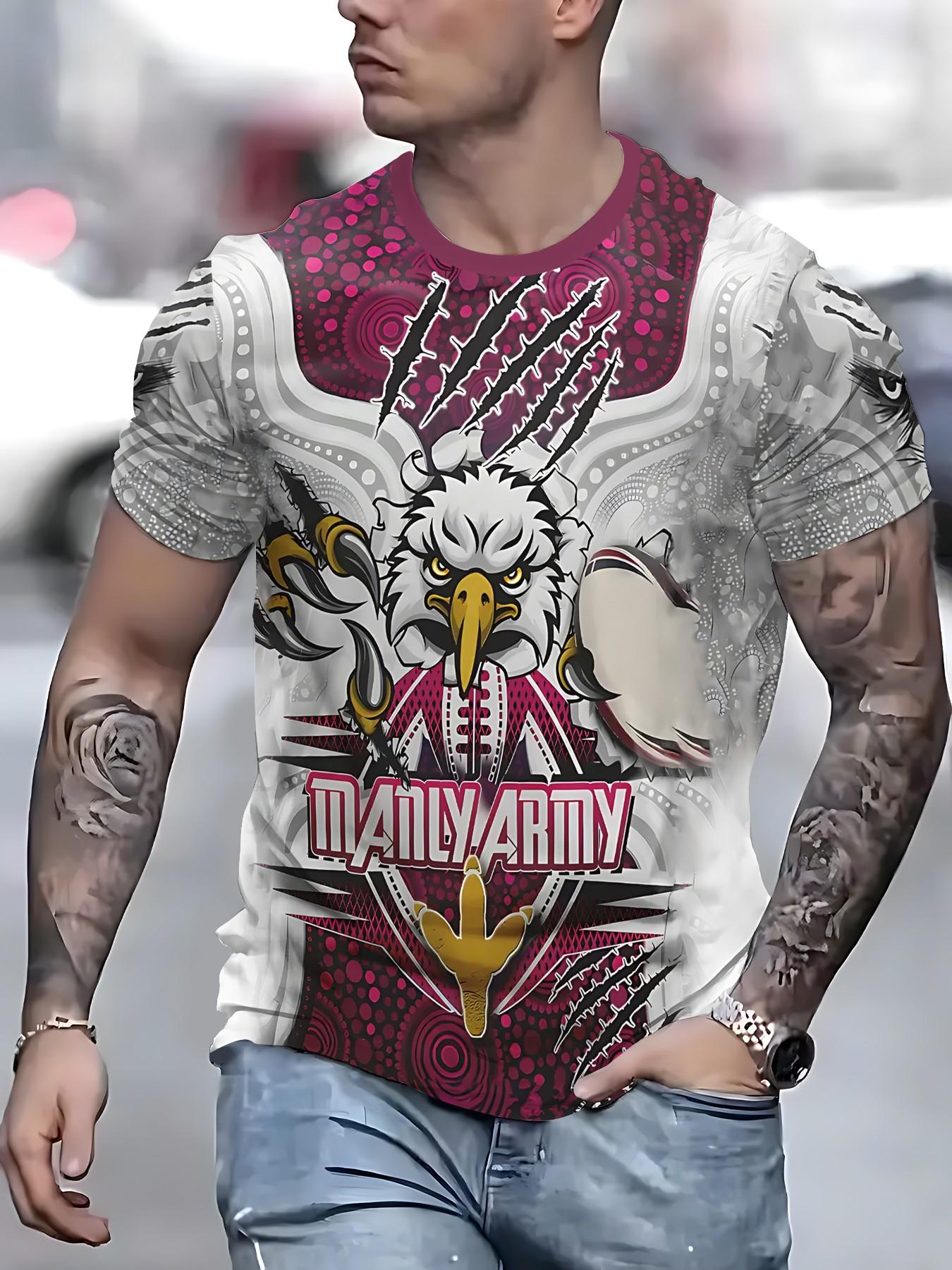 Men's Casual Round Neck Top, Running Fitness Wear, Breathable Comfort, American Vintage Eagle Print