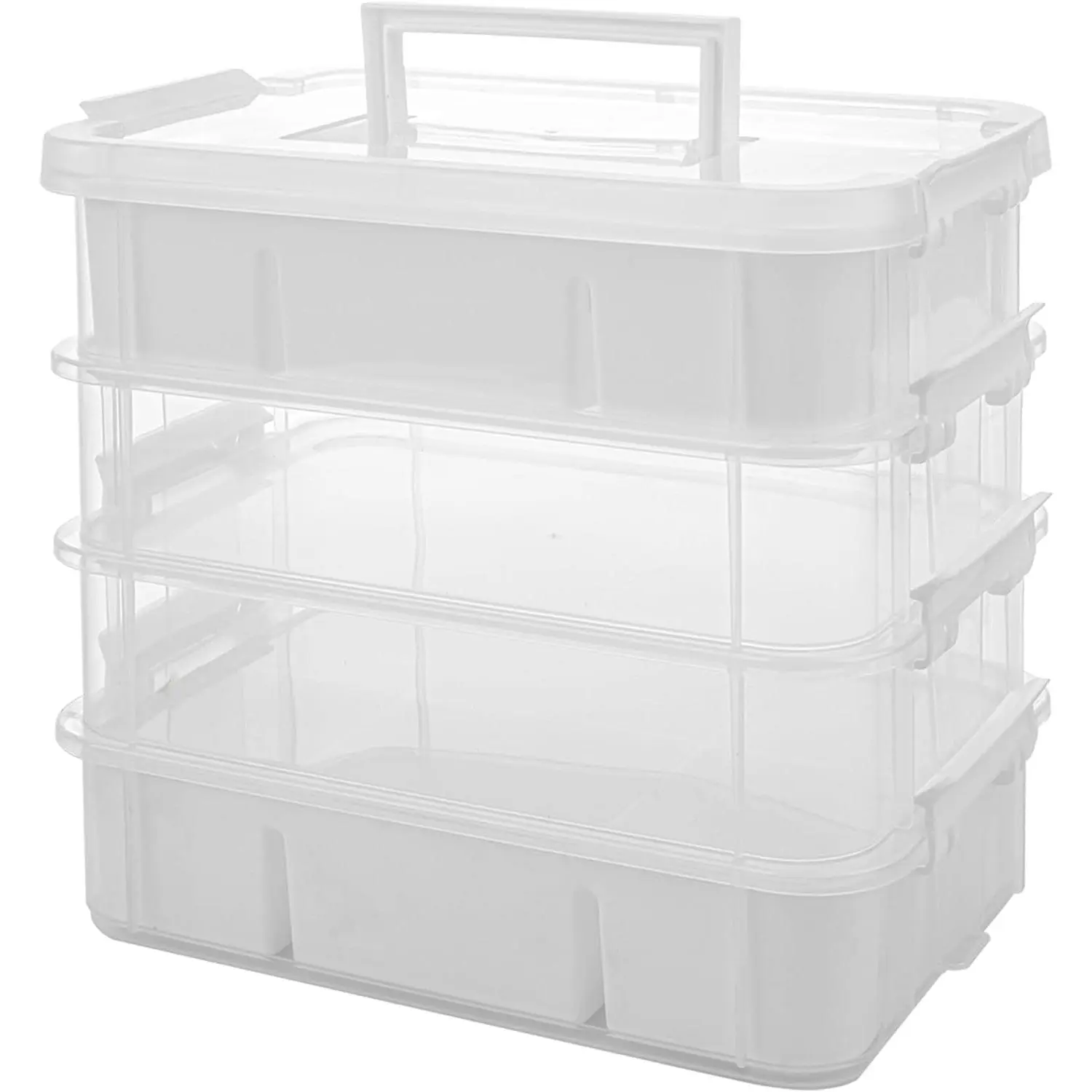 Sewing Storage Organizer, 4-Tier 10 Qt Box with 2 Trays, White | Clear Compartments;  Removable Inserts; Carry Handle; Side Latches; Thread, Bobbins, , Beads, Notions