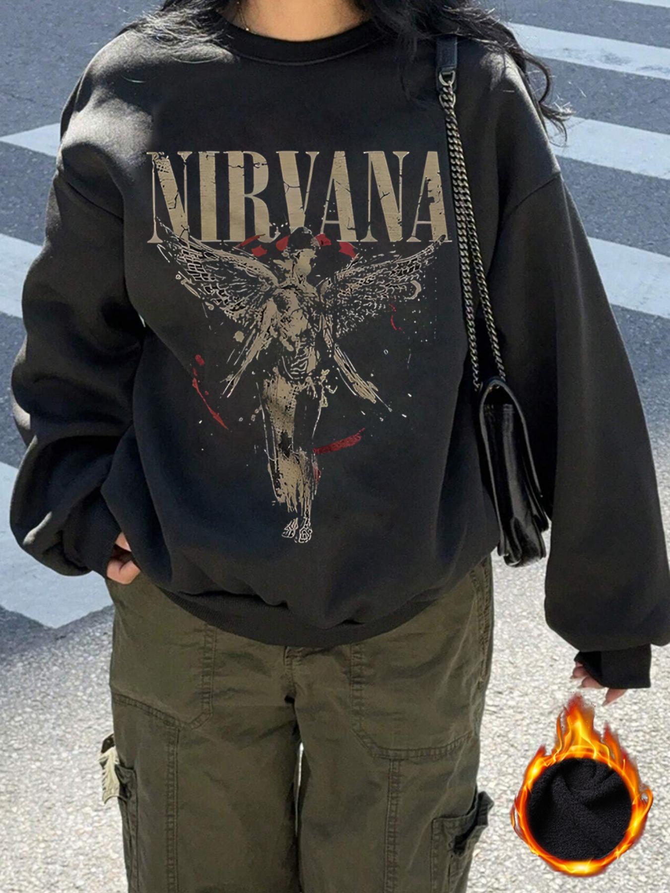 "Nirvana" Nirvana band pattern letter print, casual retro long-sleeved pullover, round neck casual sports women's pullover sweatshirt, autumn and winter plus velvet women's clothing