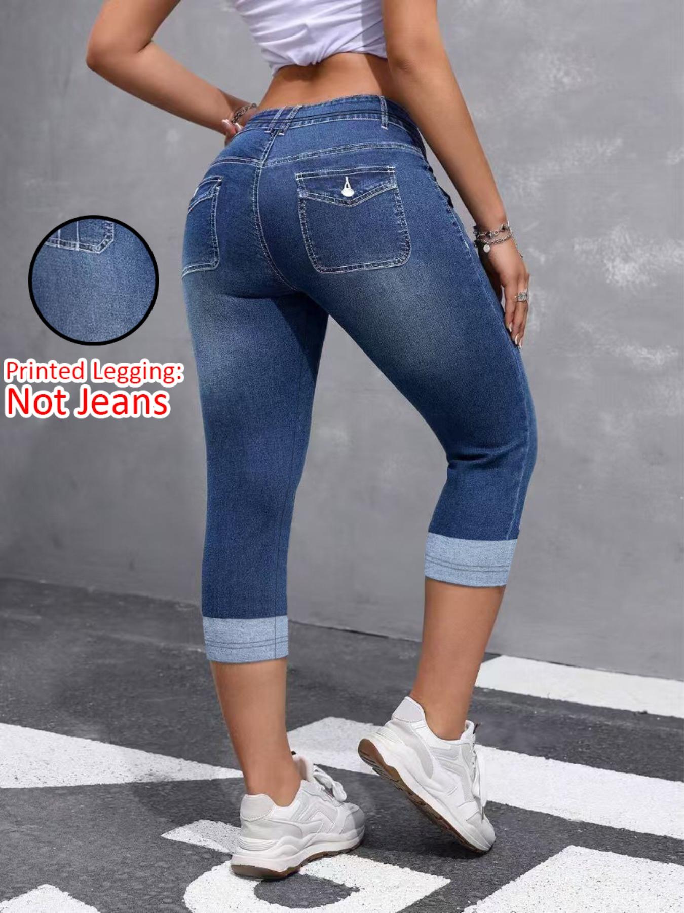 Women's Tight Fit Seven-Quarter Pants, Faux Denim Print, Slim-Fitting Casual Bottoms, All Season Wear, Comfortable and Stylish