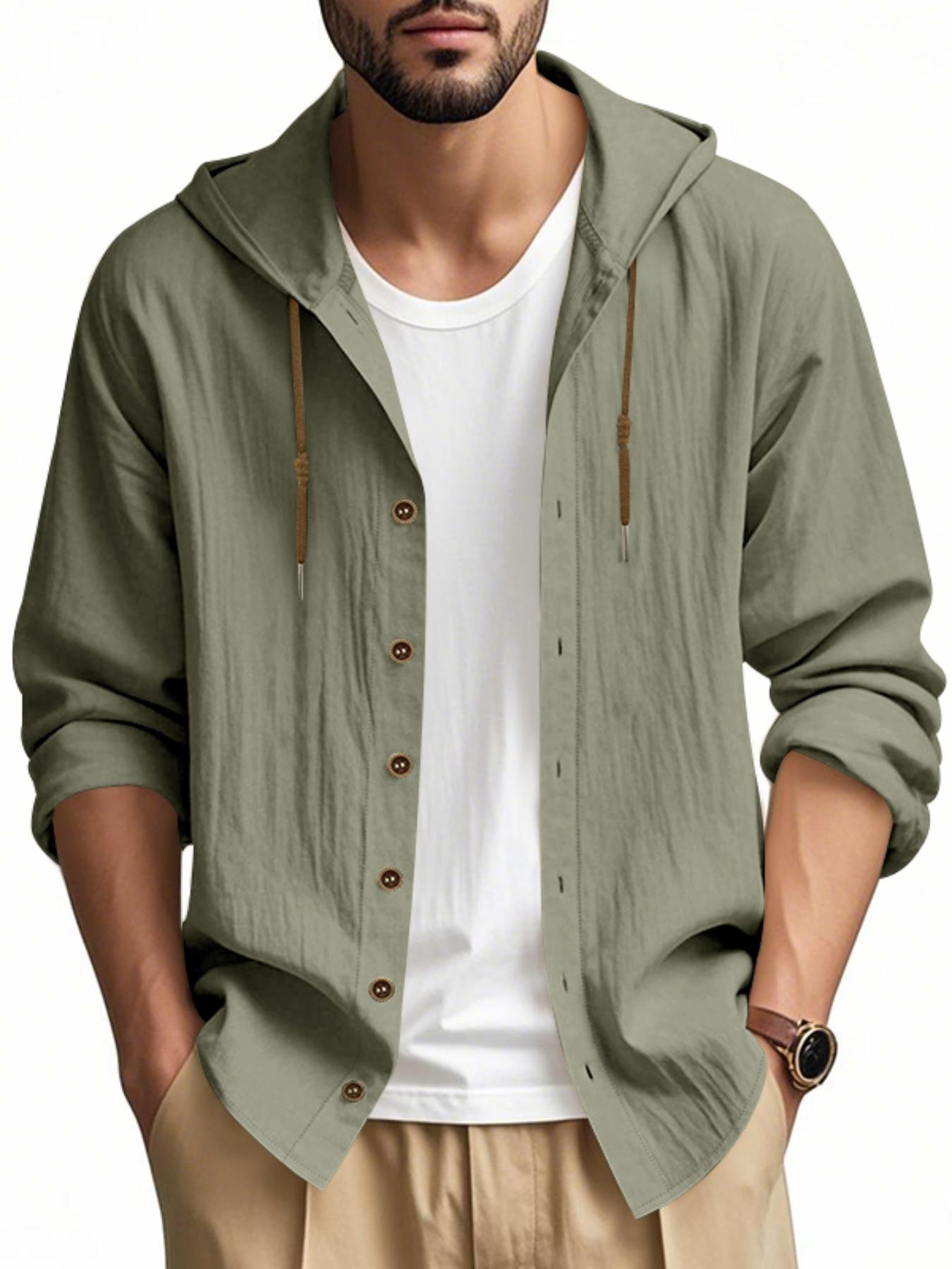 Hooded Linen Long Sleeve Shirt Jacket, Hawaiian Style Casual Loose Fit, Drawstring & Button Design, Spring & Fall Fashion, Beach Vacation Essential