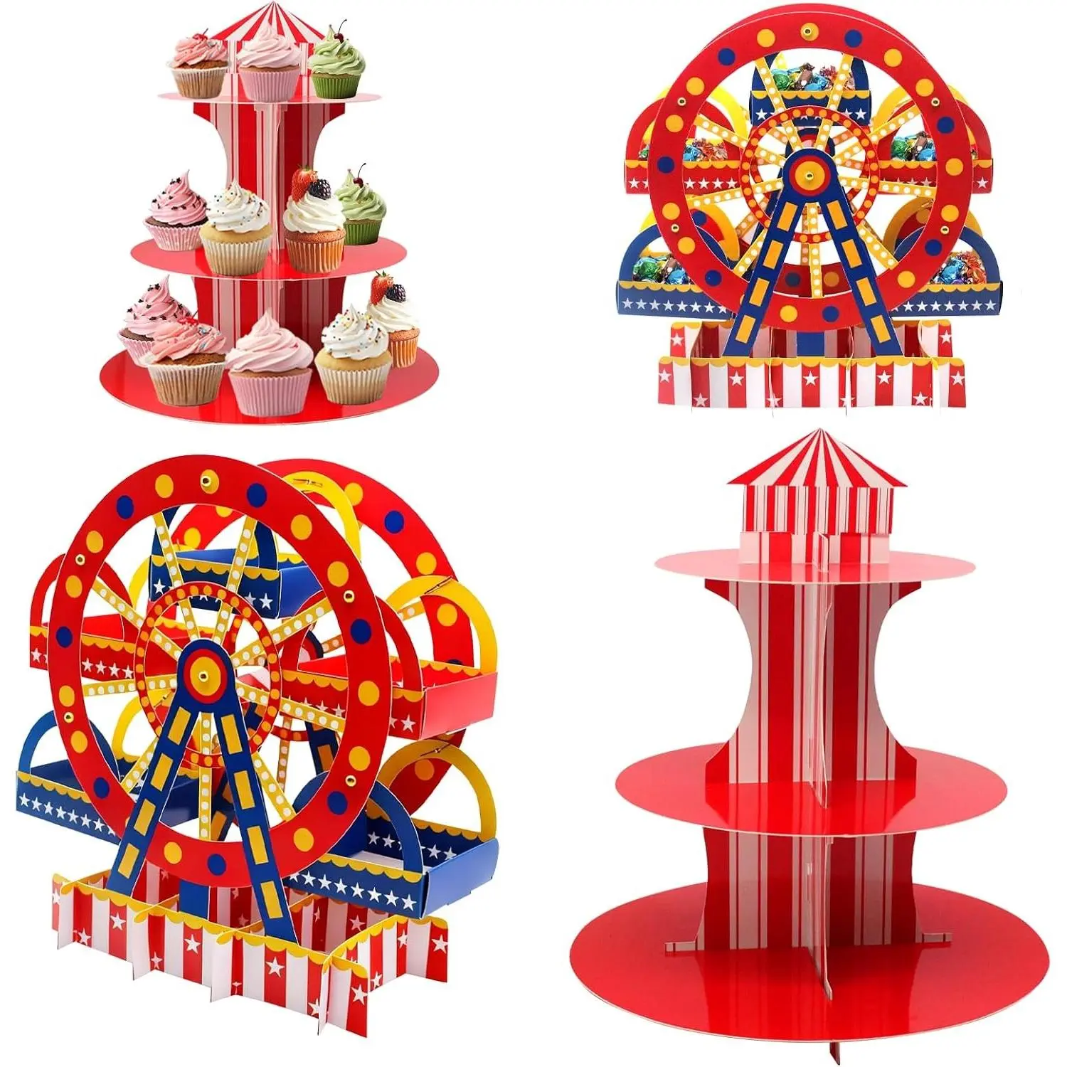 4 Sets Carnival Theme Ferris Wheel Centerpieces and Cupcake & Candy Stands | 3 Tier Carnival Circus Theme Supplies for Dessert Table Cake Topper Candy Holder Tabletop Decorations