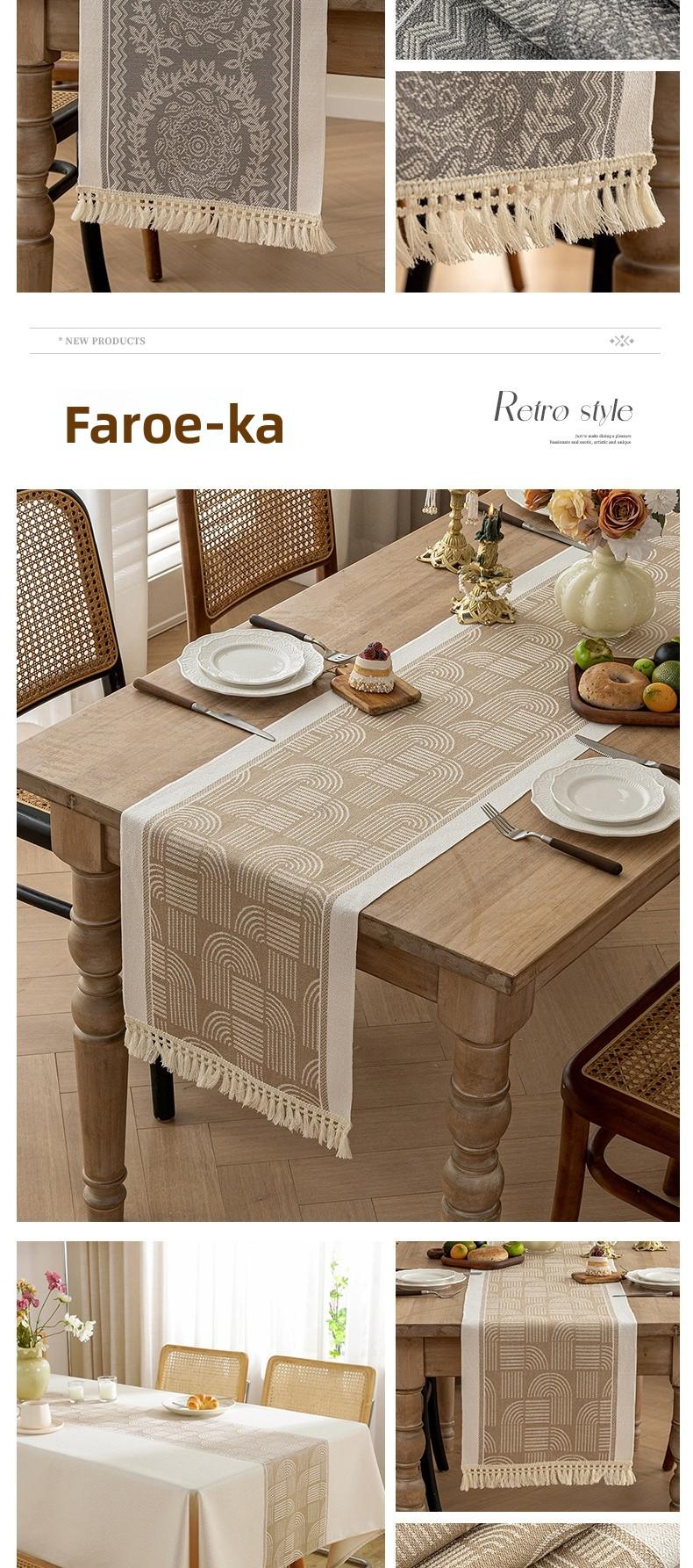 Nordic Style Waterproof Cotton Linen Table Runner, Jacquard Pattern with Tassel Trim, Dining Table Decor