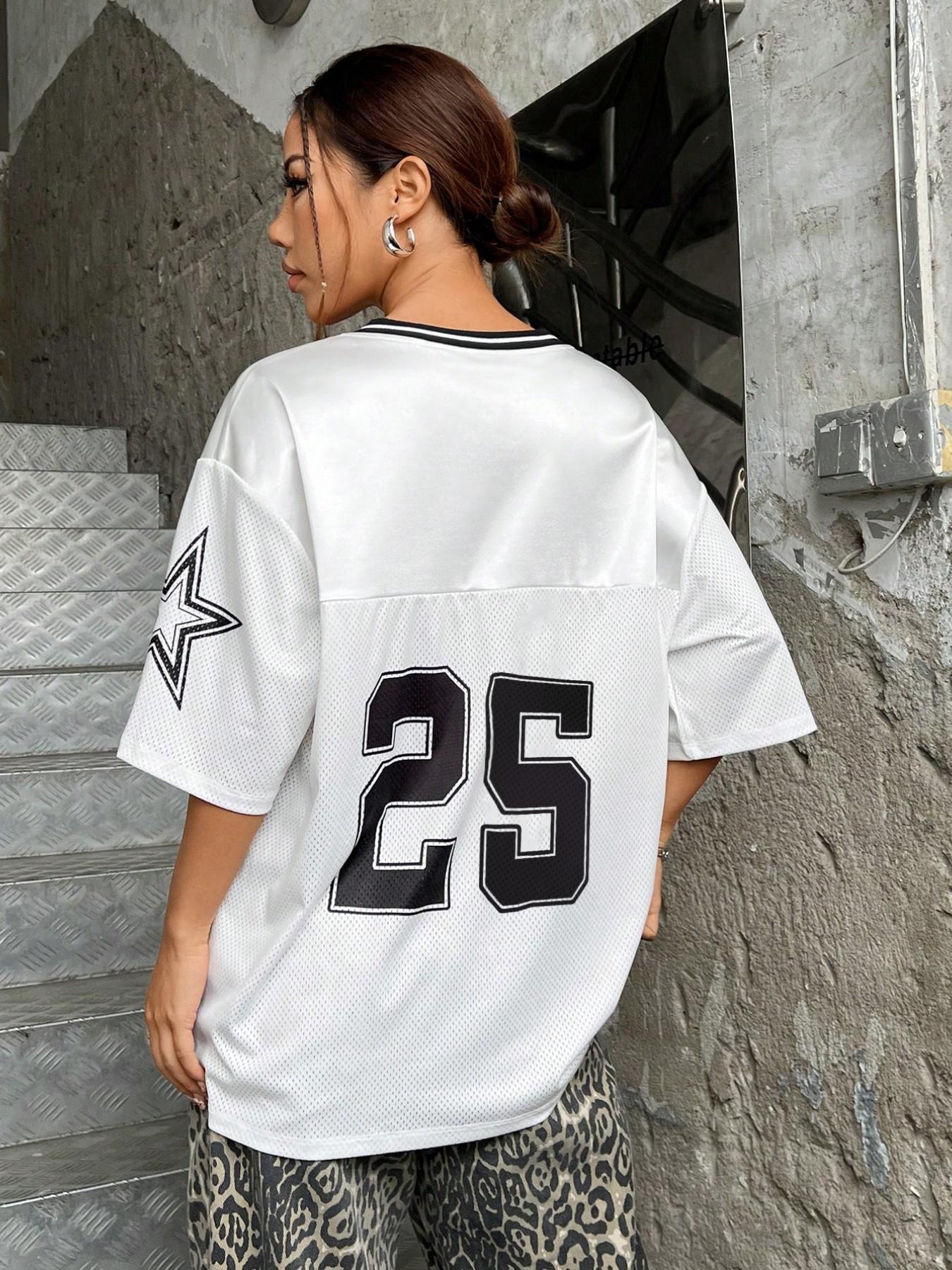 Women's Number 25 Varsity Mesh Football Jersey 🖤🤍 White/Black/Green Color Options | V-Neck Striped Trim & Star Sleeve Detail | Oversized Relaxed Fit | Perfect for Streetwear, Sporty Style & Y2K Outfits | Retro Sport Essential