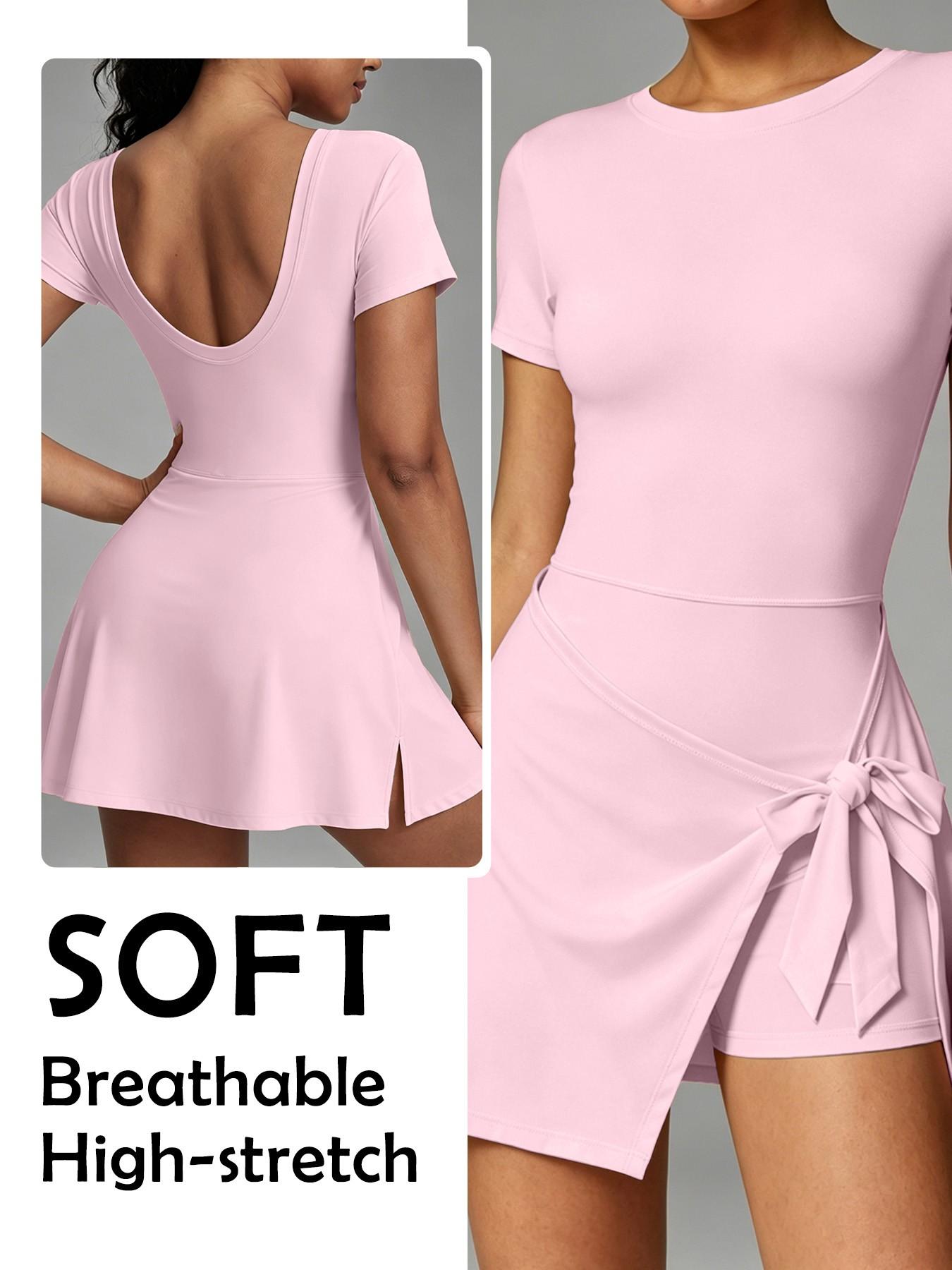 Women's Sporty Tennis Dress with Built-in Shorts, Backless Tight-Fit Yoga Athletic Dress for Gym and Outdoor Activities
