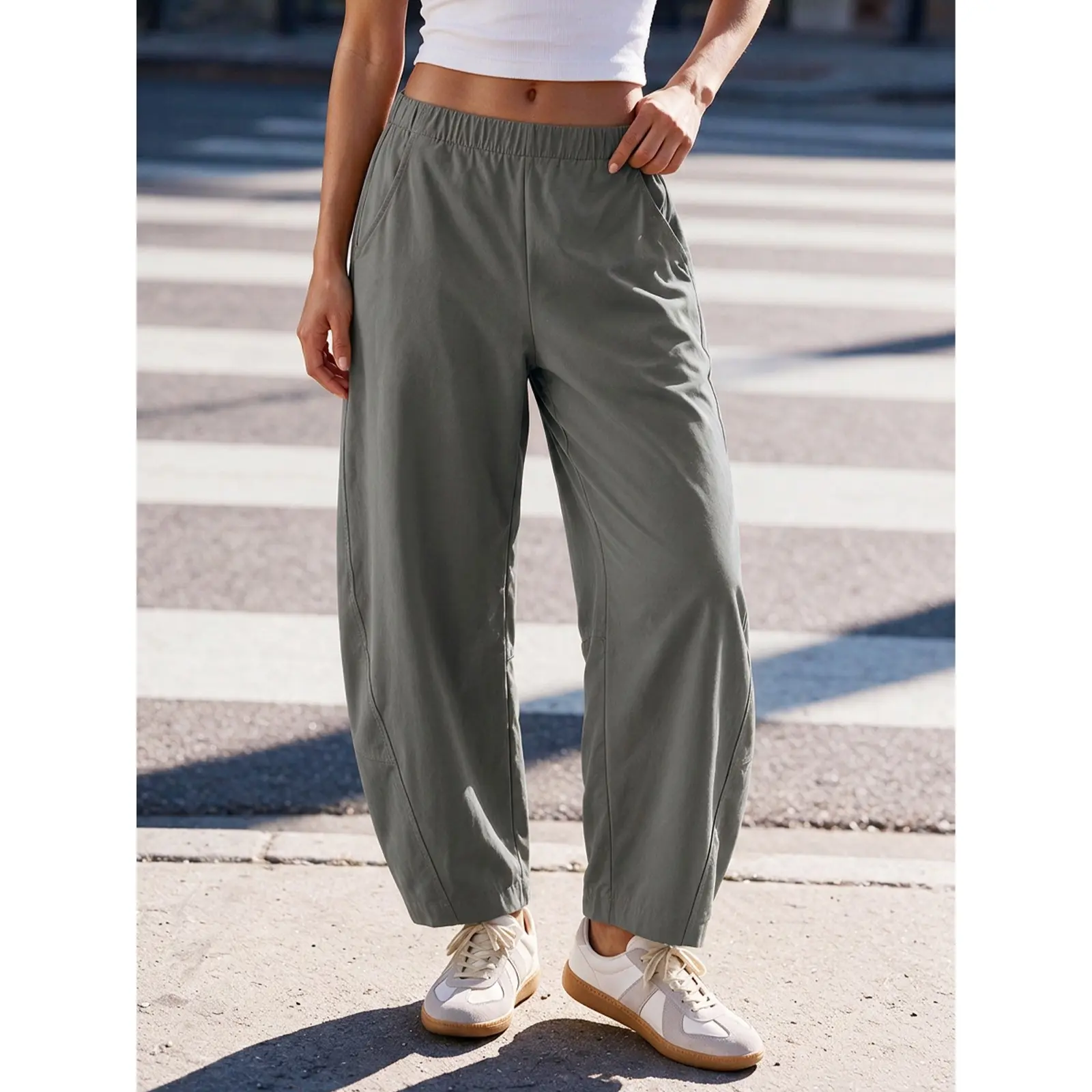 Aoysky Womens Barrel Wide Leg Pants Elastic Waist Baggy Work Trousers | Wrinkle resistant waterproof fabric, travel pants, casual loungewear, side pocket, fashion streetwear