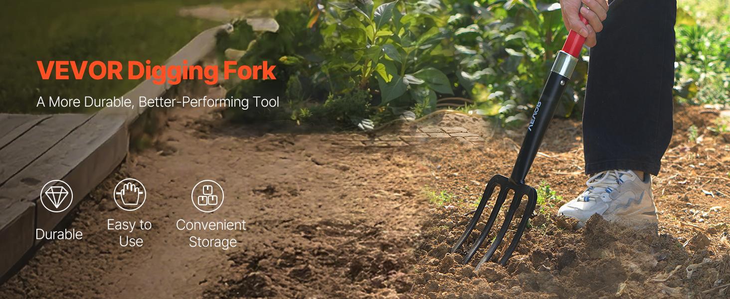 VEVOR Garden Fork, 4-Tine Gardening Pitchfork with Fiberglass Handle, 45 in Heavy Duty Digging Fork with Y Grip, Forged Steel Spading Fork for Hay Potato Composting Transplanting Aeration
