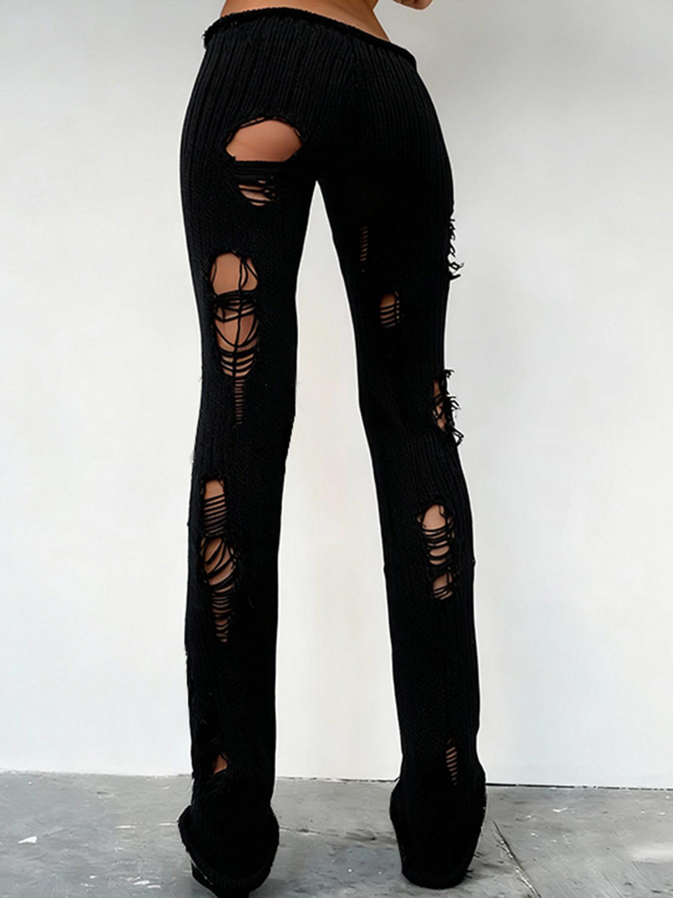 Women's Plain Slim-Fitting Ripped Knit Long Pants, Sexy Street Style Drop Waist Elastic Waist, Fashion Creative Hollow Out Design, Womenswear