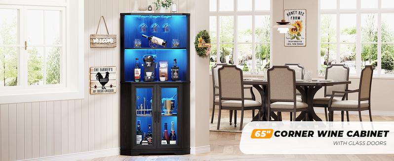 BROTTAR Corner Bar Cabinet with LED Lights, 65" Tall Wine Cabinet with Glass Holder & Tempered Glass Door, 4-Tier Liquor Alcohol Cabinet & Coffee Bar with Human Body Sensor for Dining Room, Black BROTTAR Corner Bar Cabinet with LED Lights, 65" Tall Wine Cabinet with Glass Holder & Tempered Glass Door, 4-Tier Liquor Alcohol Cabinet & Coffee Bar with Human Body Sensor for Dining Room, Black