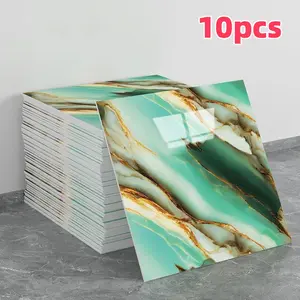 10pcs/20pcs/40pcs Peel and Stick Backsplash Tiles, Removable Decorative Backsplash, Turquoise Green Gold Vein Marble Wall Stickers, Glossy Waterproof Removable Self-Adhesive Tile Stickers for Kitchen Bathroom Rental Home Decor