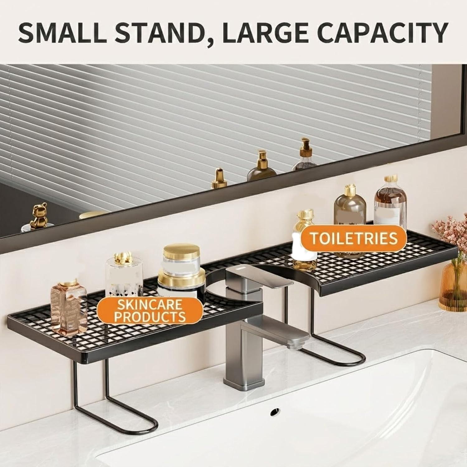 Over the Sink Shelf No Drill No Glue, Over The Sink Shelf Bathroom Organizer, No Drill Behind The Faucet Sink Organizer with U-Shaped Design, Space Saving Smart Sink Organizer Rack