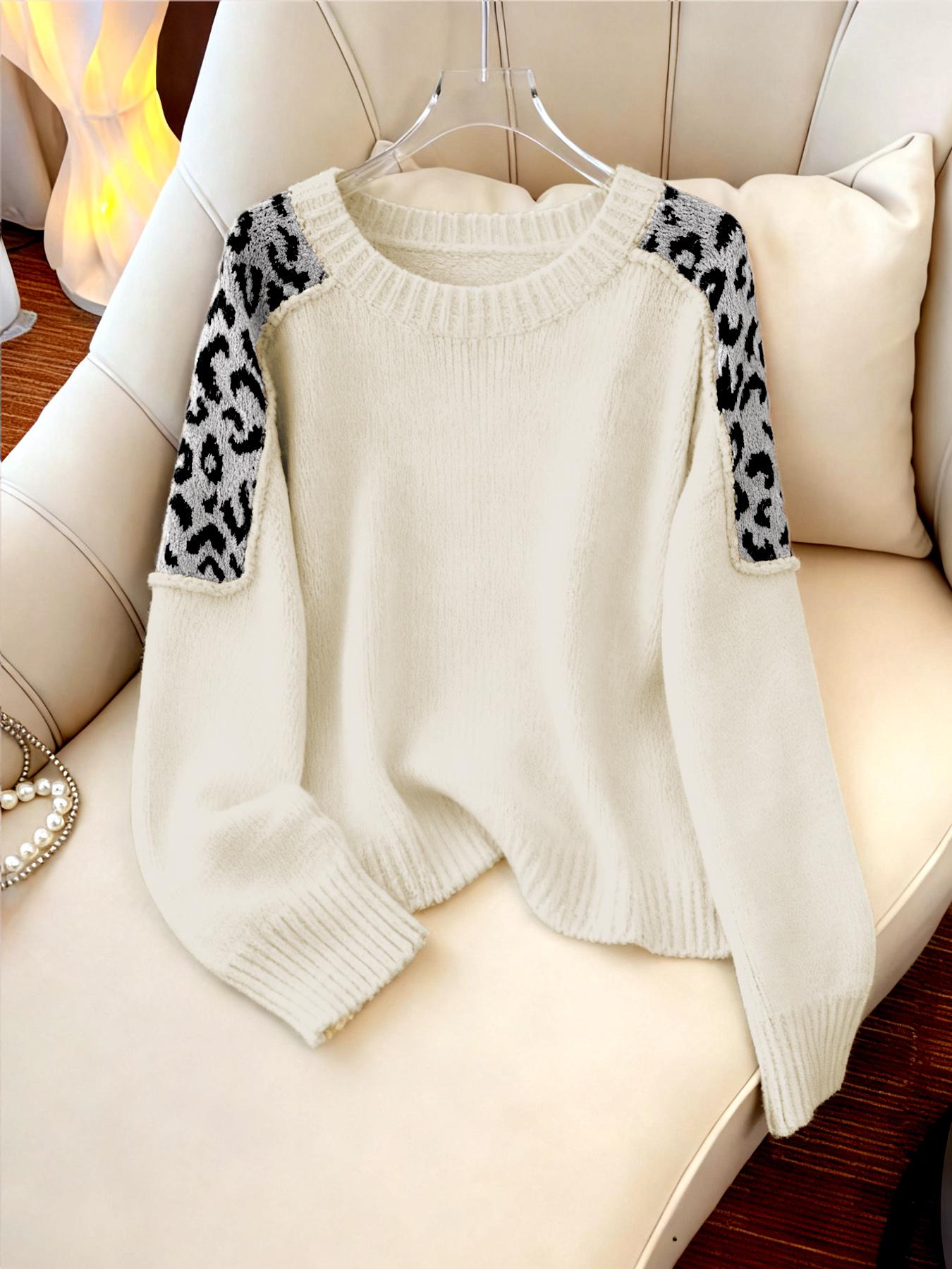 Women's Leopard Print Knitted Sweater, Casual Loose Long Sleeve Round Neck Jumper for Fall & Winter, Fashion Ladies' Knitwear for Daily Wear
