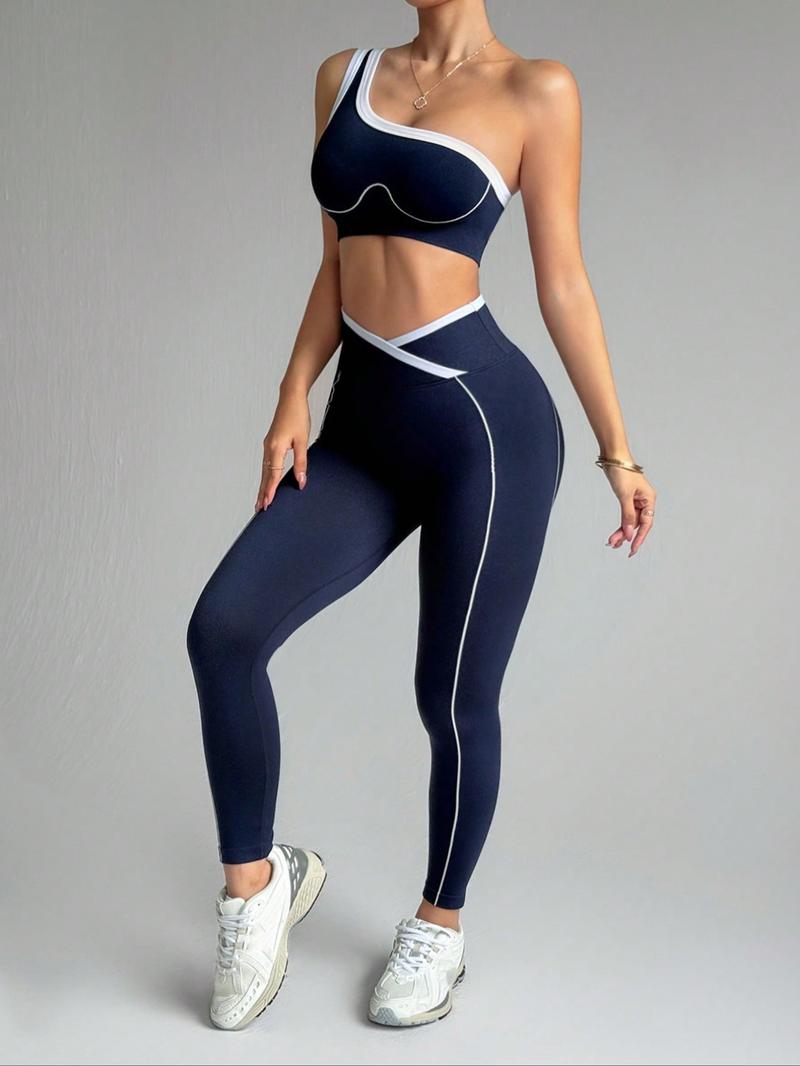 Women's Two-Piece Set, Yoga Tracksuit Set, Colorblock Cross-Back Sports Tank Top, High-Waisted Yoga Leggings, Casual Sportswear for All Seasons