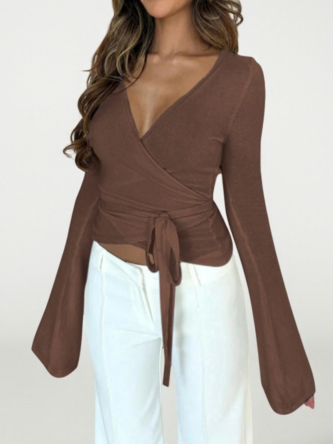 Women's Plain V-Neck Wrap Tee, Elegant Casual Long Sleeve T-shirt for Daily Outdoor Wear, Women's Clothing for Fall & Winter
