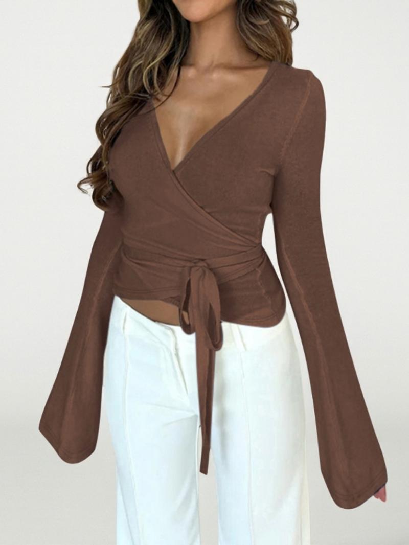 Women's Plain V-Neck Wrap Tee, Elegant Casual Long Sleeve T-shirt for Daily Outdoor Wear, Women's Clothing for Fall & Winter