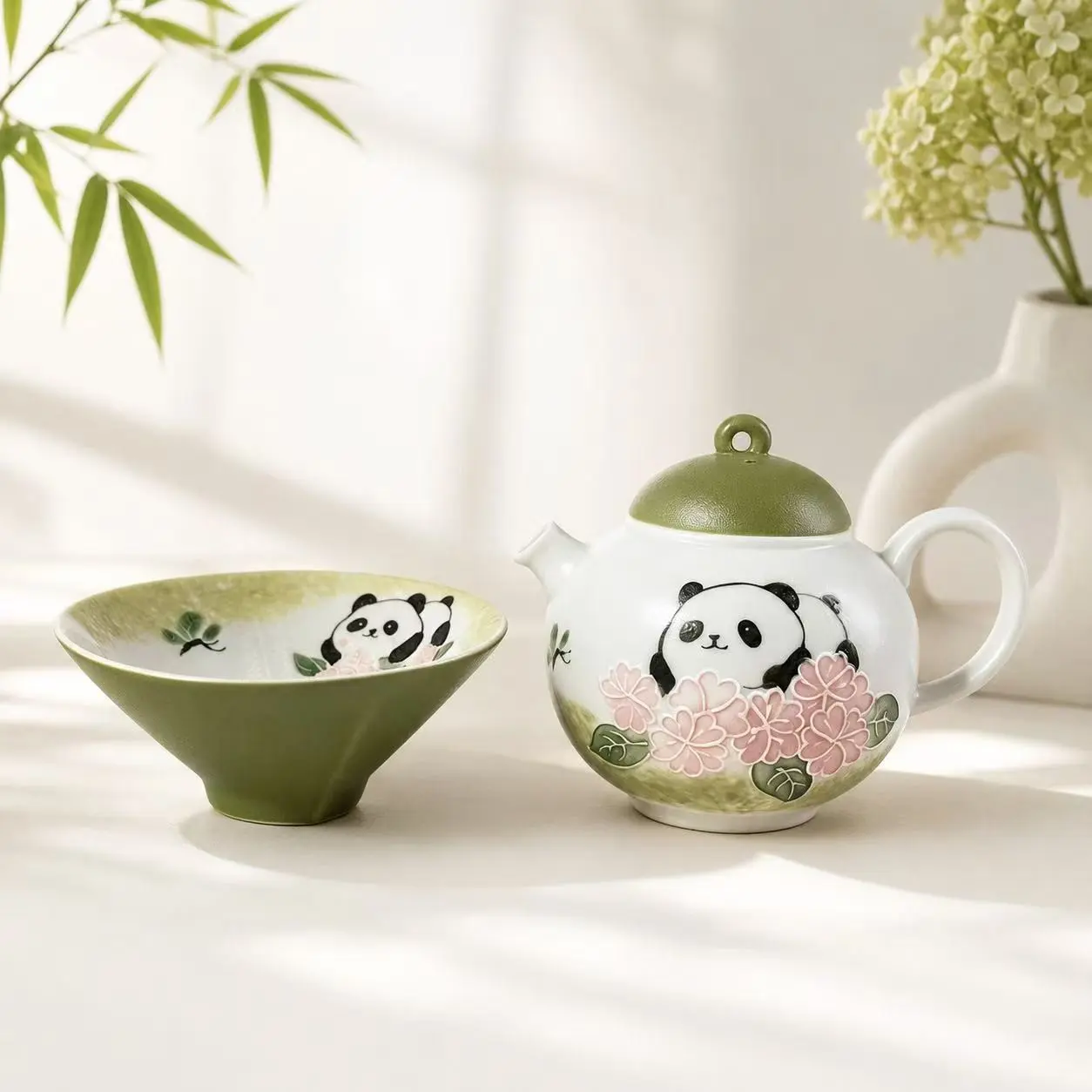Hand-Painted Floral Bamboo Panda Tea Set, Complete Ceramic Tea Ware, Enjoy Peaceful Tea Time, Elegant Design for Home Use