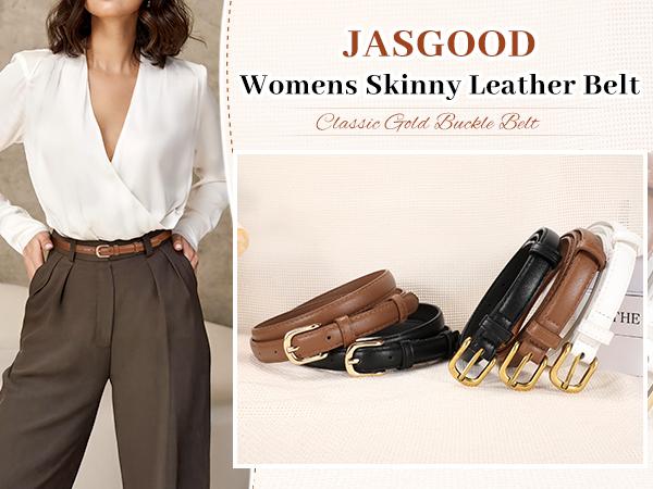 JASGOOD Womens Thin Leather Belt Fashion Skinny Faux Leather Belt for Jeans Pants Dresses