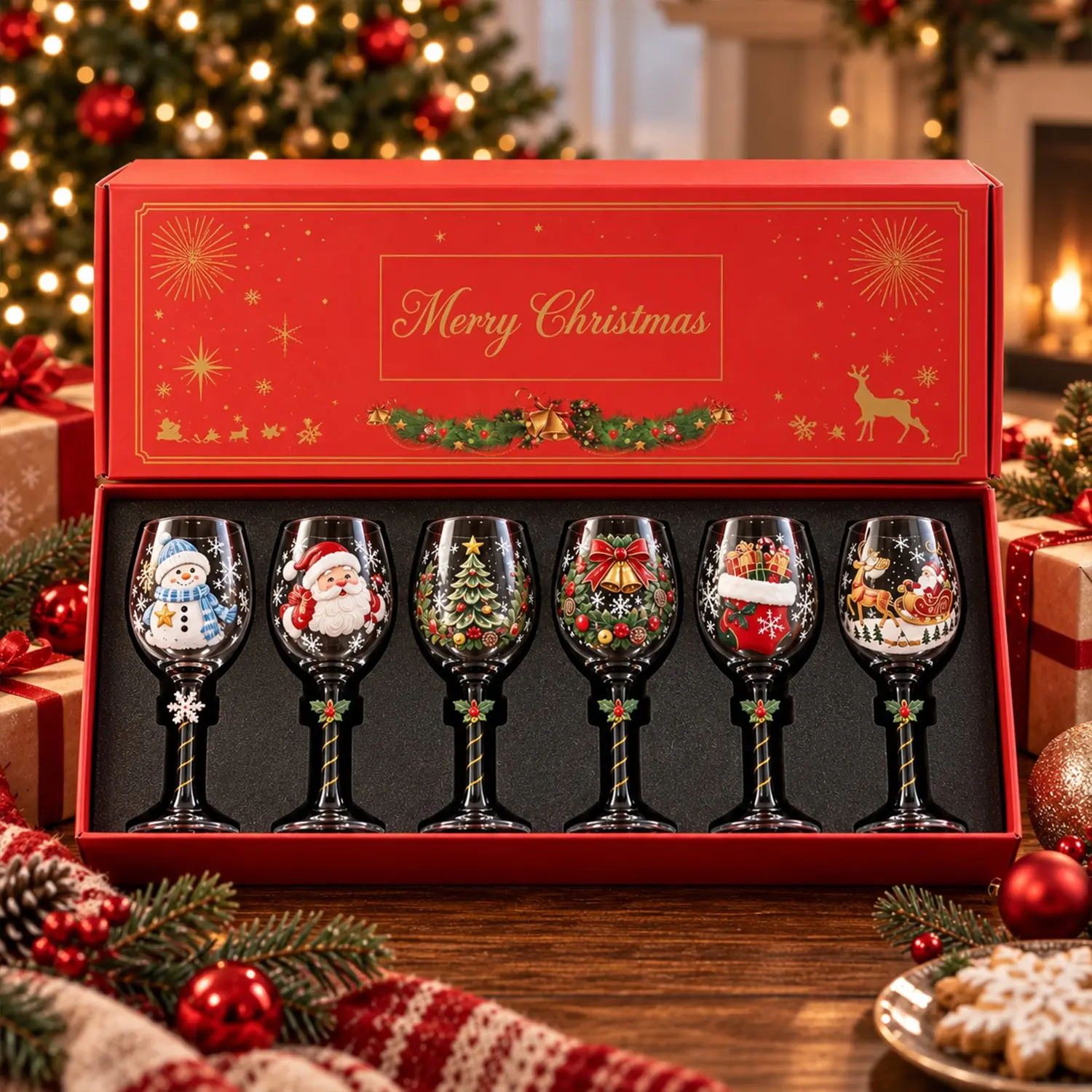 6-Piece Christmas Glass Art Coupe Glasses, Glass Cups, Elegant Gift Box Packaging, Luxurious Holiday Glassware, Unique Winter Snowflake Design