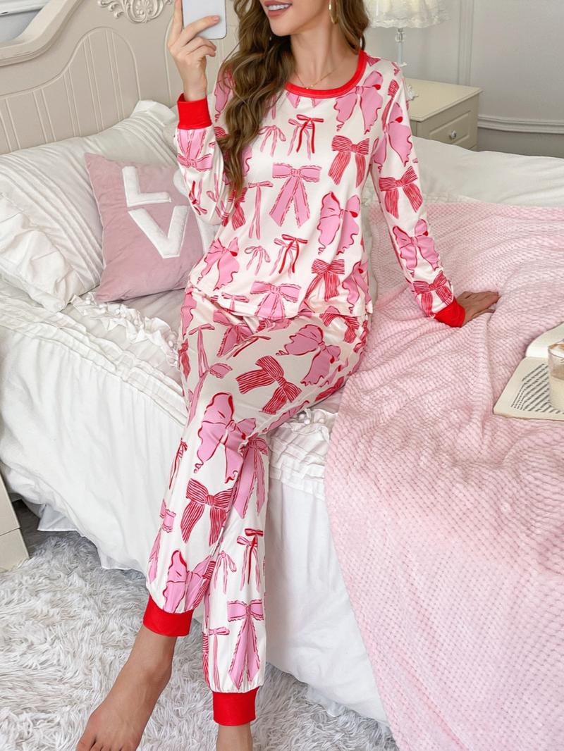 2-piece women's full body graffiti pink bow pattern printed long sleeved pants soft and comfortable round neck top elastic waistband bow decoration suitable for all seasons home casual wear pajamas Pajama Set