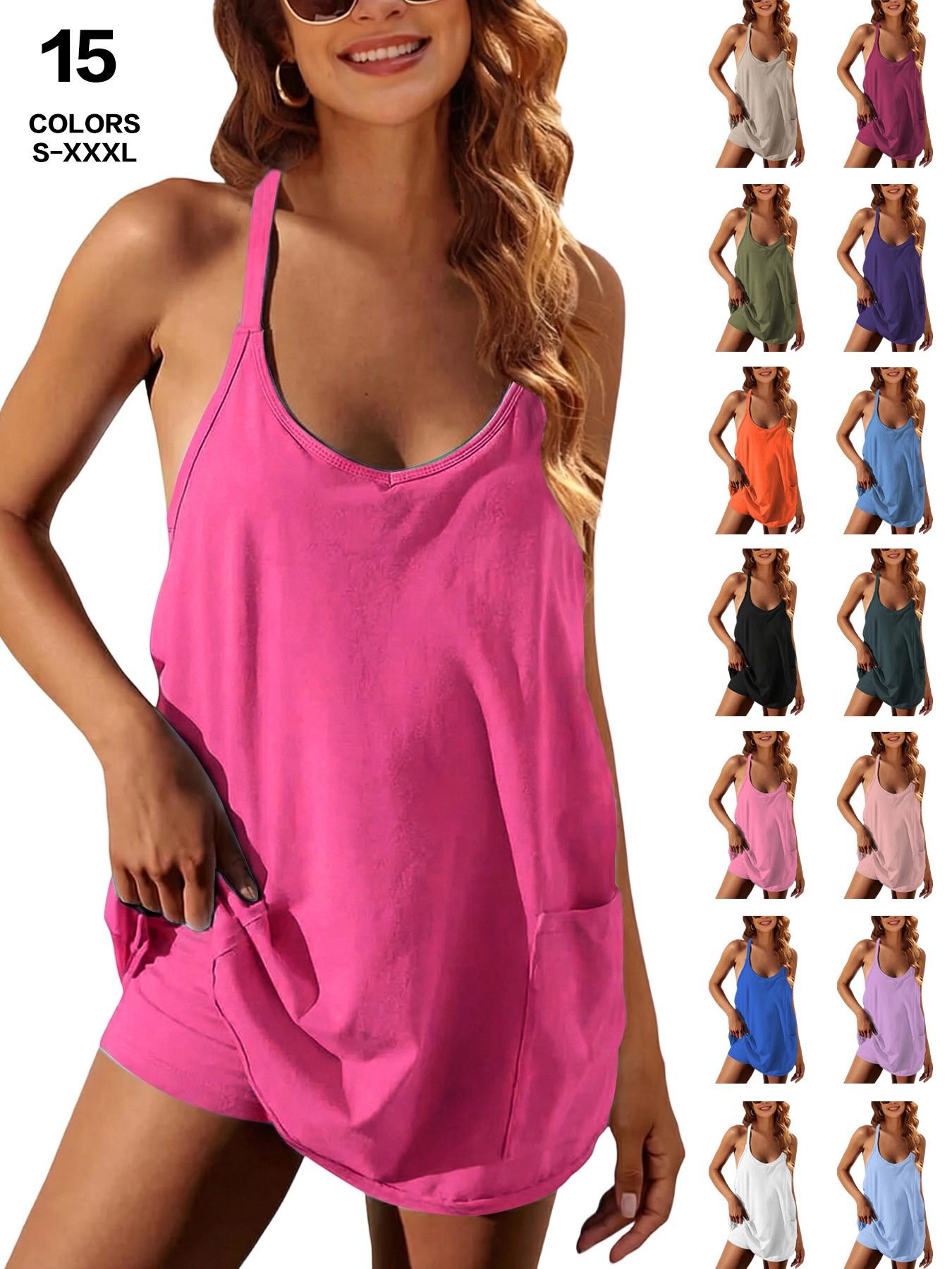 Womens Workout Romper Dress with Shorts Underneath Sleeveless Spaghetti Straps Athletic Outfits Casual Vacation