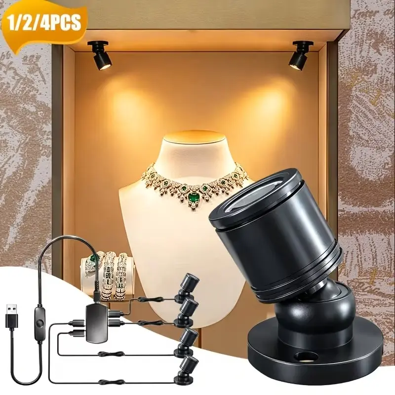LED Mini Cabinet Light, Under Cabinet Lighting, USB Powered with 2/4/6 Head Spotlights, 3000k Warm, Ideal for Jewelry, Model, Glass Display Cabinets, Fish Tanks