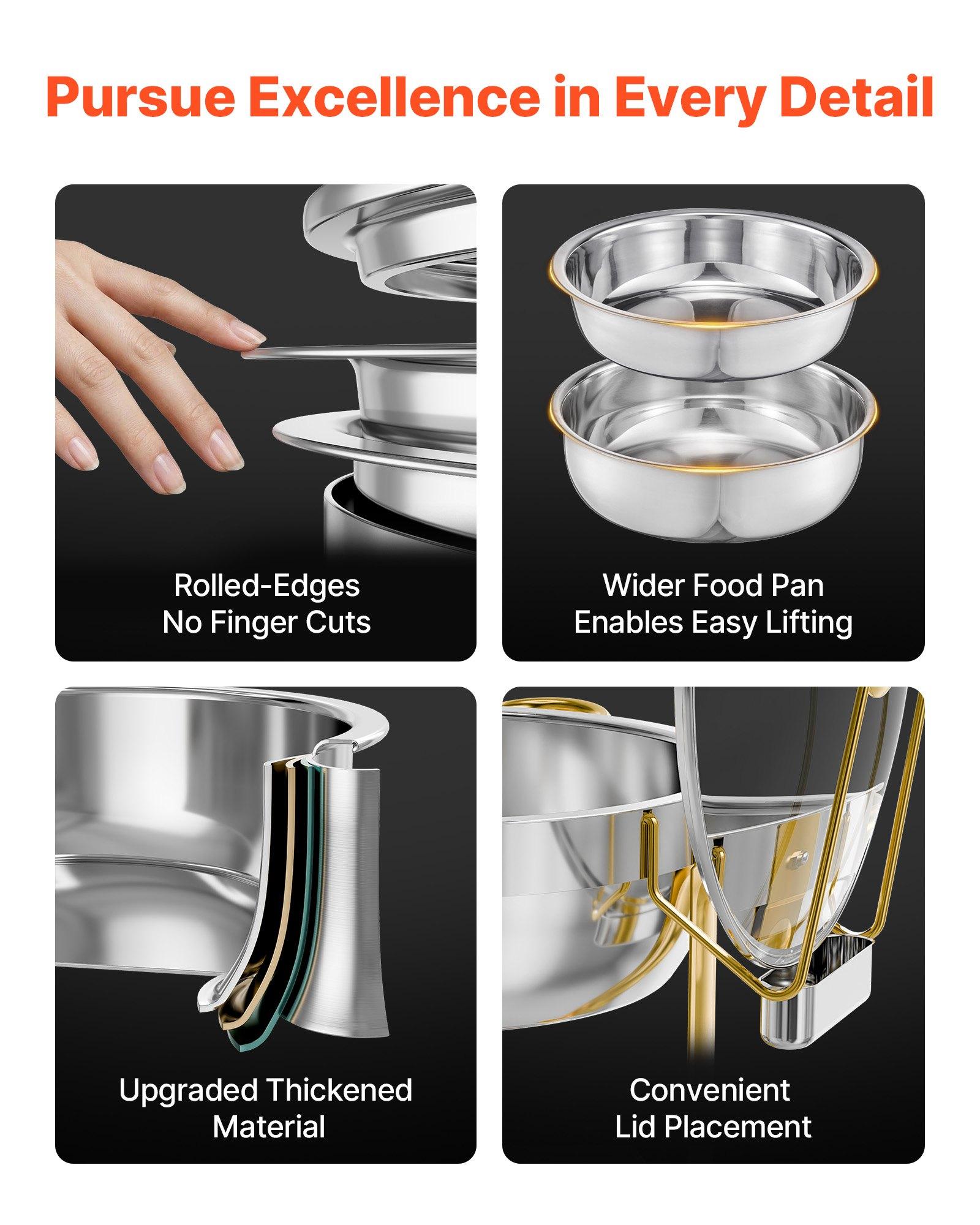 VEVOR 4-Piece Round Shape Stainless Steel Buffet Set, 5 Qt Full Size Stainless Steel Pans, Glass Lids, Water Pans, Folding Stands, Fuel Holders, Gold Catering Warmers for Wedding, Banquet